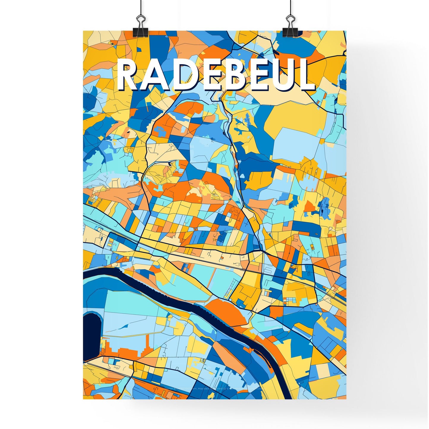 RADEBEUL GERMANY Vibrant Colorful Art Map Poster Blue Orange