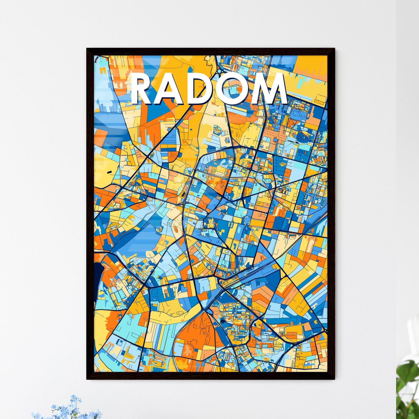 RADOM POLAND Vibrant Colorful Art Map Poster Blue Orange