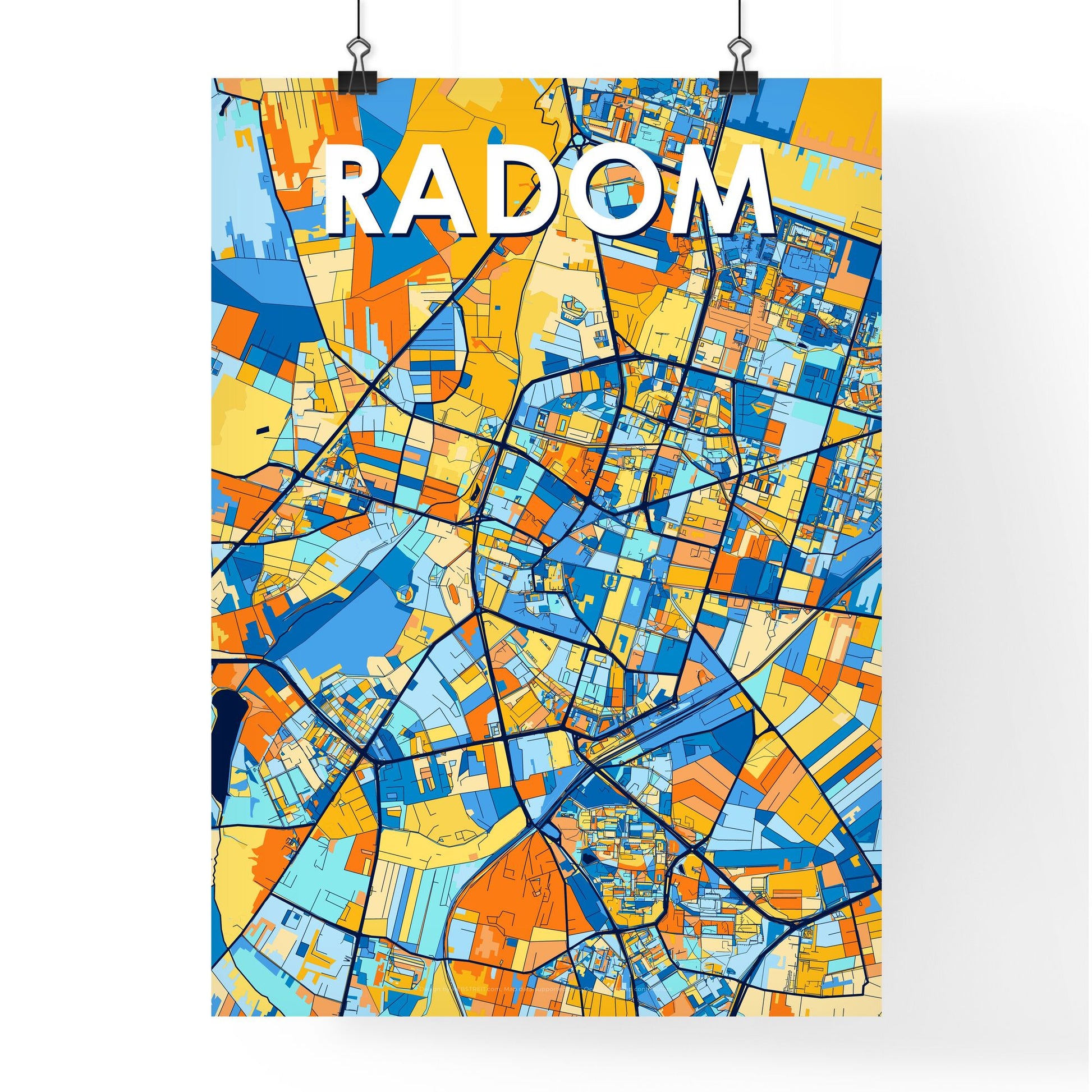 RADOM POLAND Vibrant Colorful Art Map Poster Blue Orange