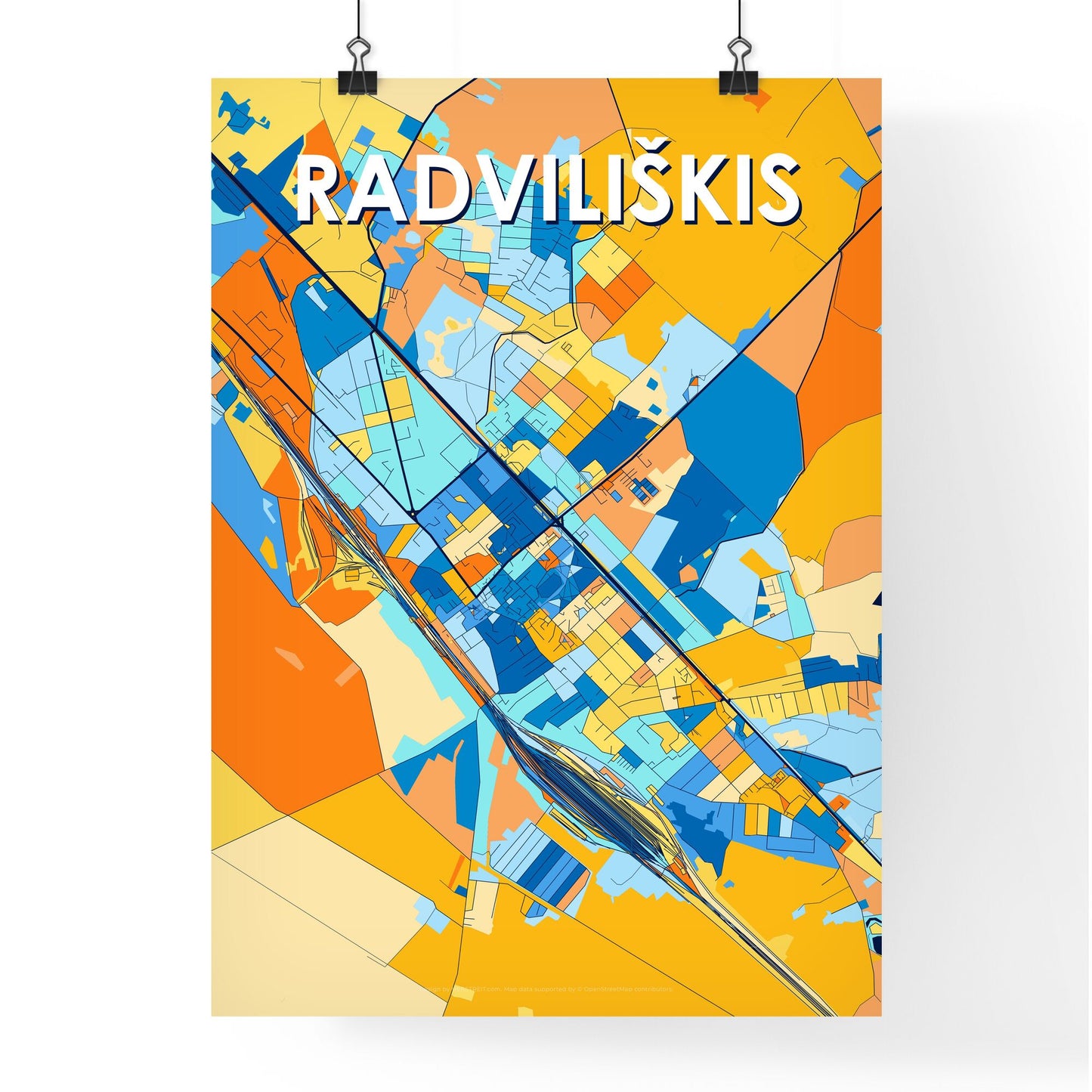 RADVILIŠKIS LITHUANIA Vibrant Colorful Art Map Poster Blue Orange