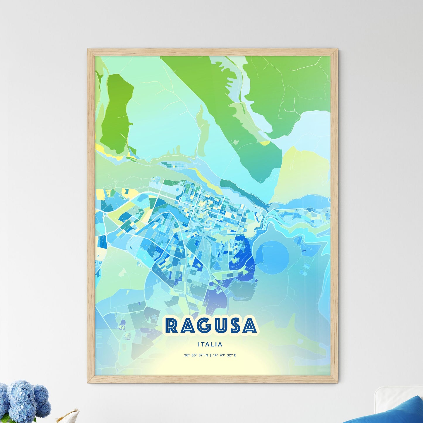 Colorful Ragusa Italy Fine Art Map Cool Blue