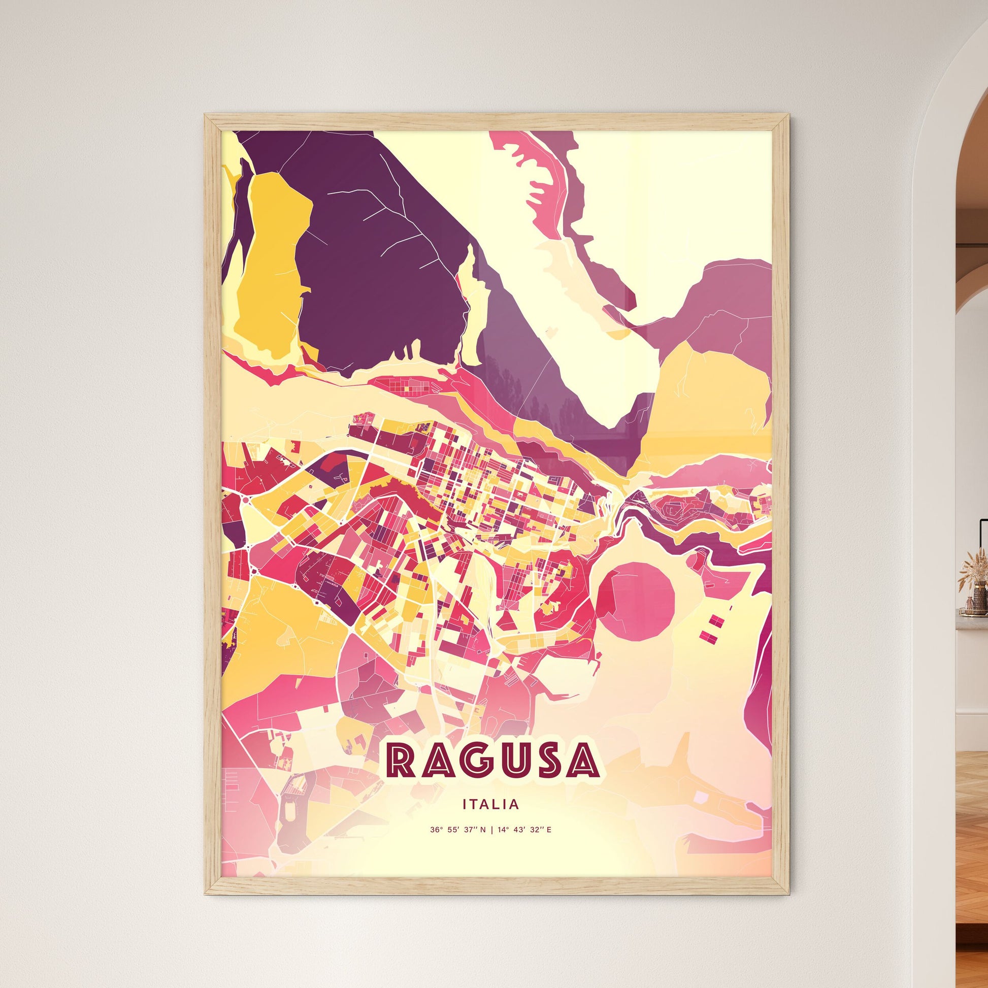 Colorful Ragusa Italy Fine Art Map Hot Red