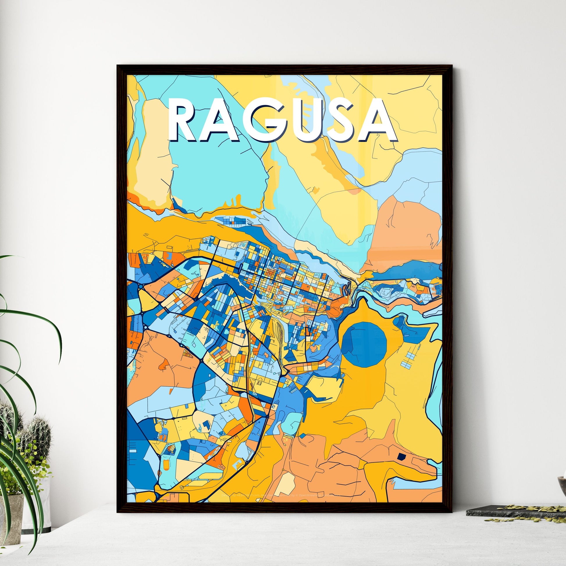 RAGUSA ITALY Vibrant Colorful Art Map Poster Blue Orange