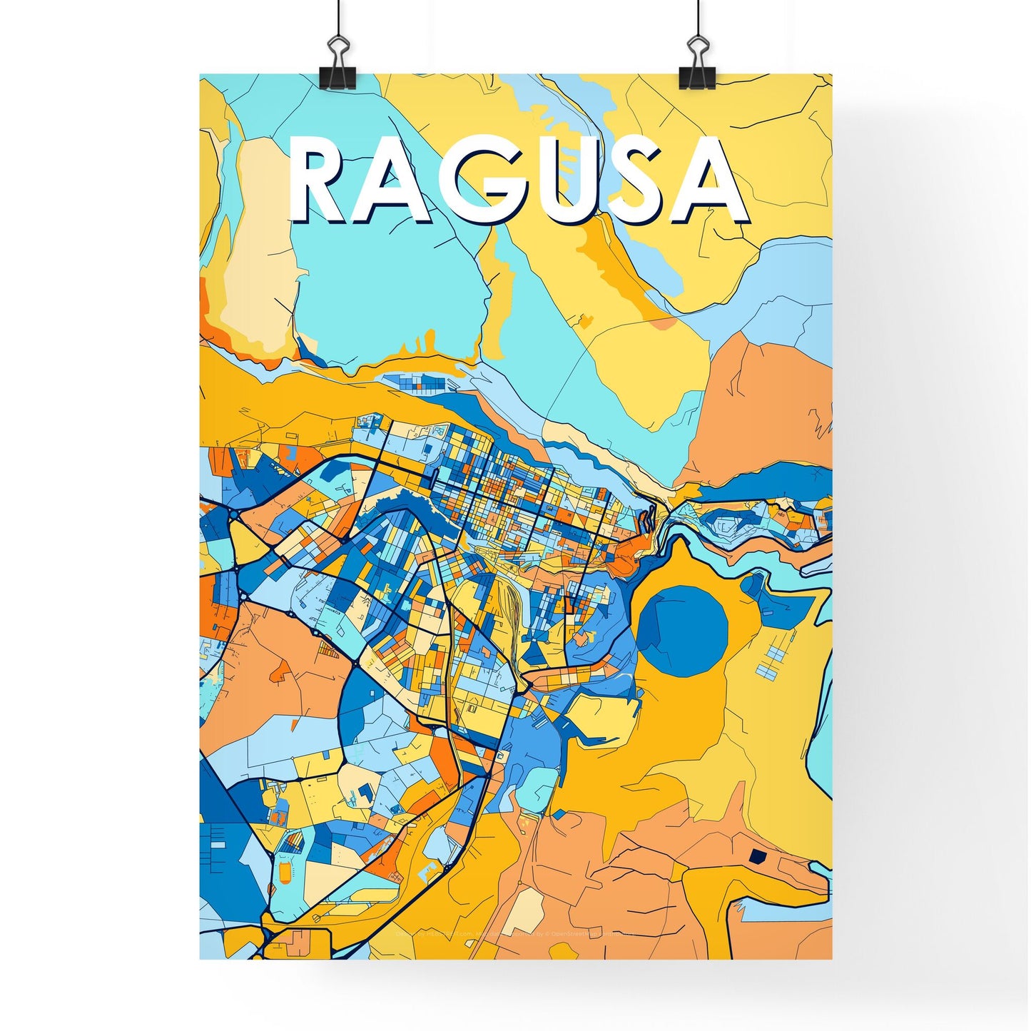 RAGUSA ITALY Vibrant Colorful Art Map Poster Blue Orange