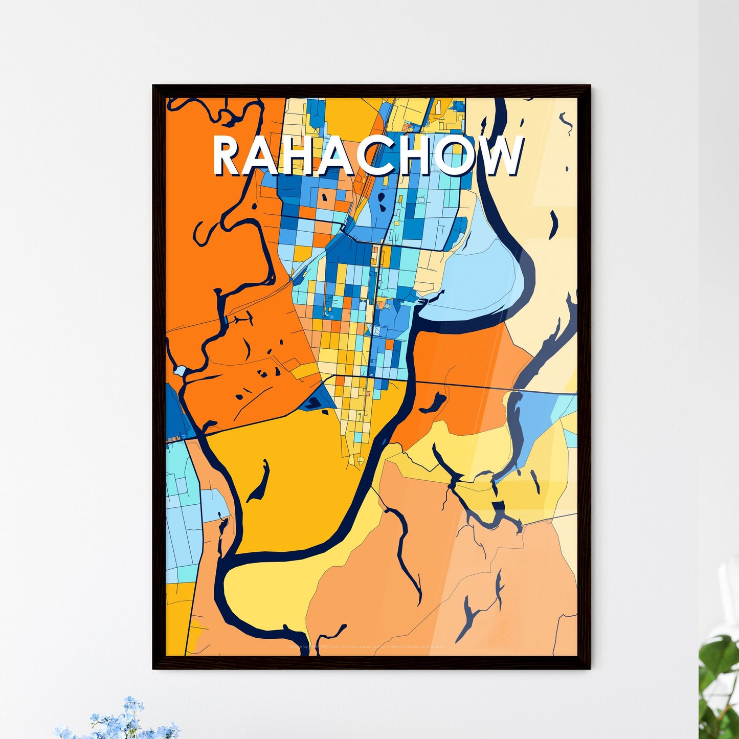 RAHACHOW BELARUS Vibrant Colorful Art Map Poster Blue Orange