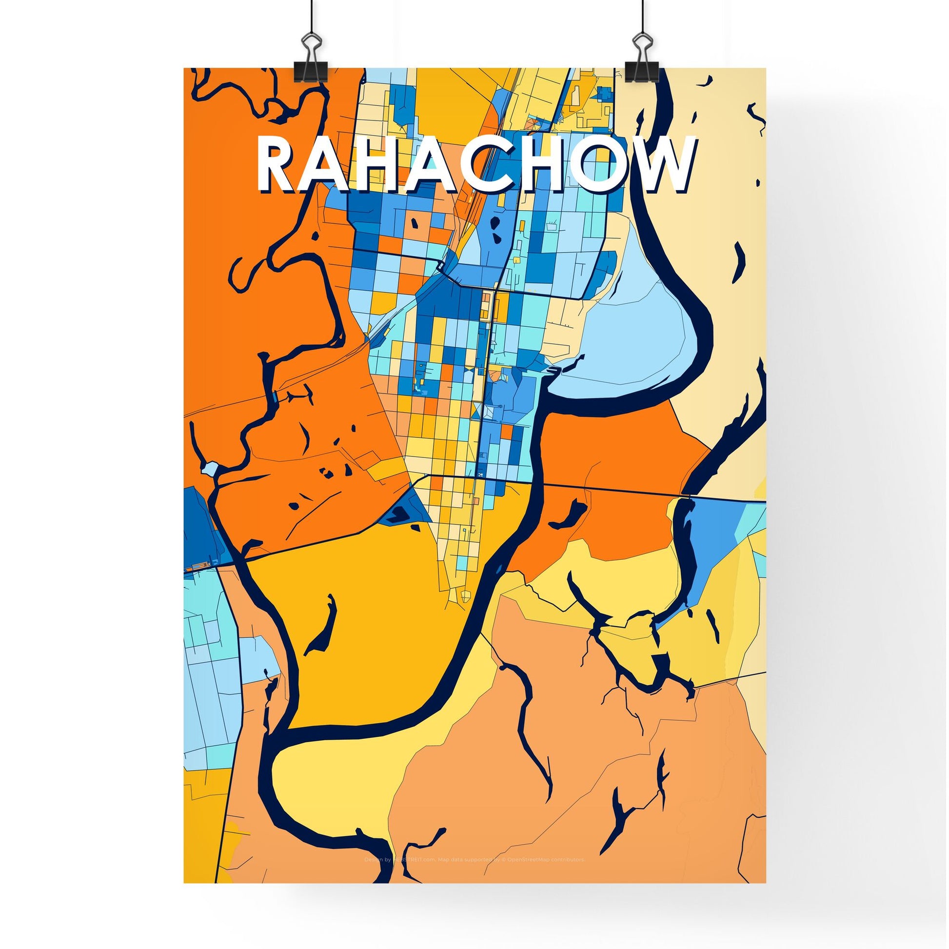 RAHACHOW BELARUS Vibrant Colorful Art Map Poster Blue Orange