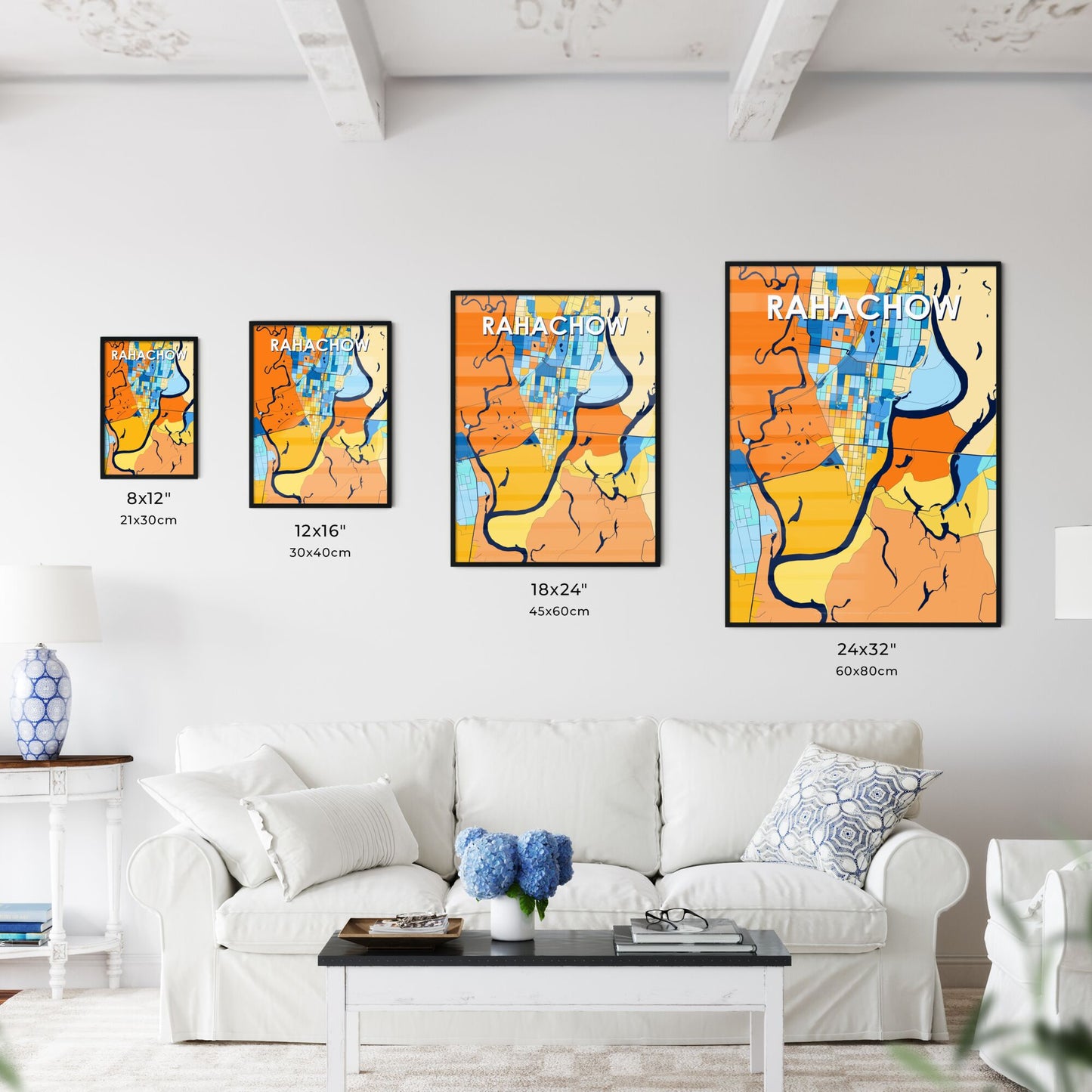 RAHACHOW BELARUS Vibrant Colorful Art Map Poster Blue Orange