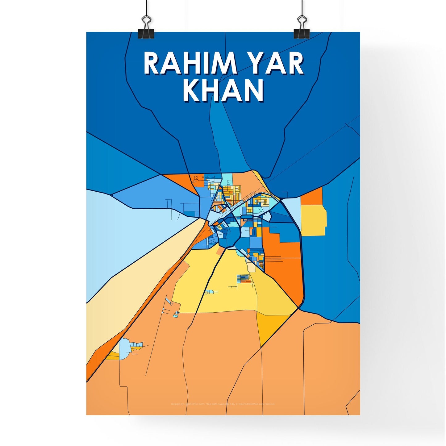 RAHIM YAR KHAN PAKISTAN Vibrant Colorful Art Map Poster Blue Orange