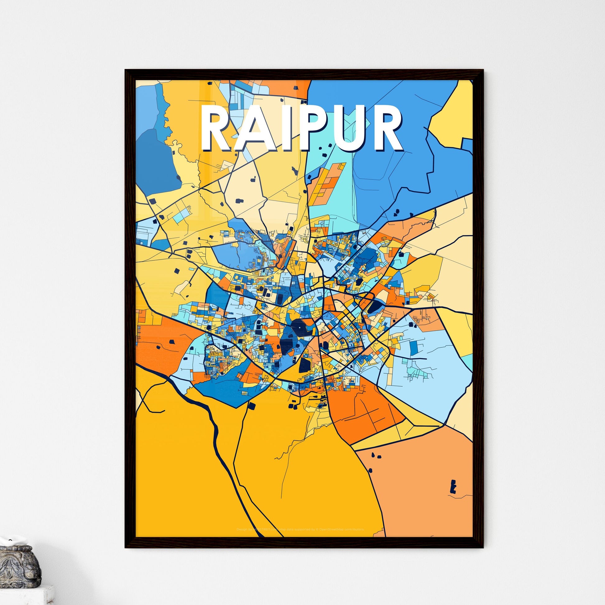 RAIPUR INDIA Vibrant Colorful Art Map Poster Blue Orange