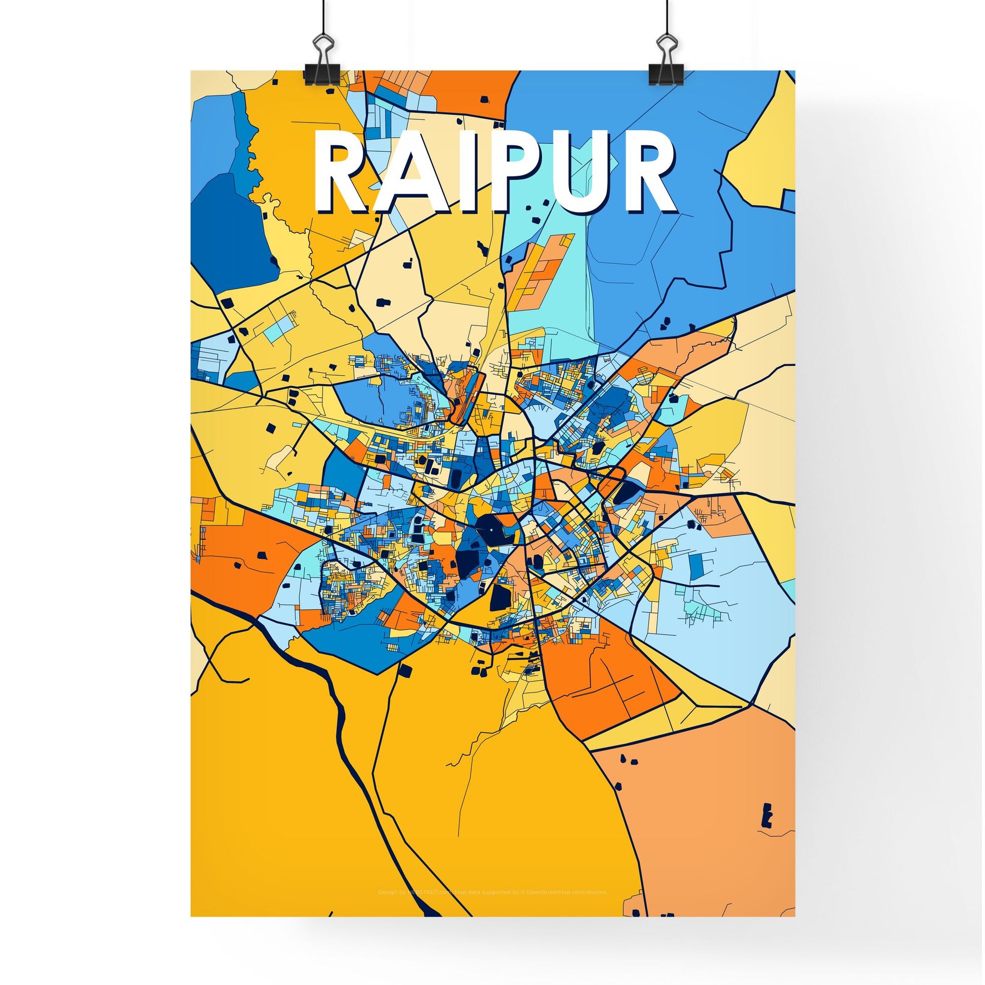 RAIPUR INDIA Vibrant Colorful Art Map Poster Blue Orange