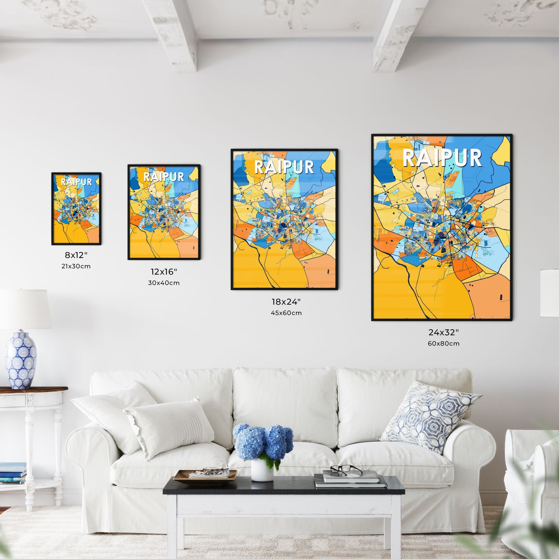 RAIPUR INDIA Vibrant Colorful Art Map Poster Blue Orange