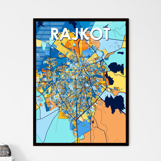 RAJKOT INDIA Vibrant Colorful Art Map Poster Blue Orange