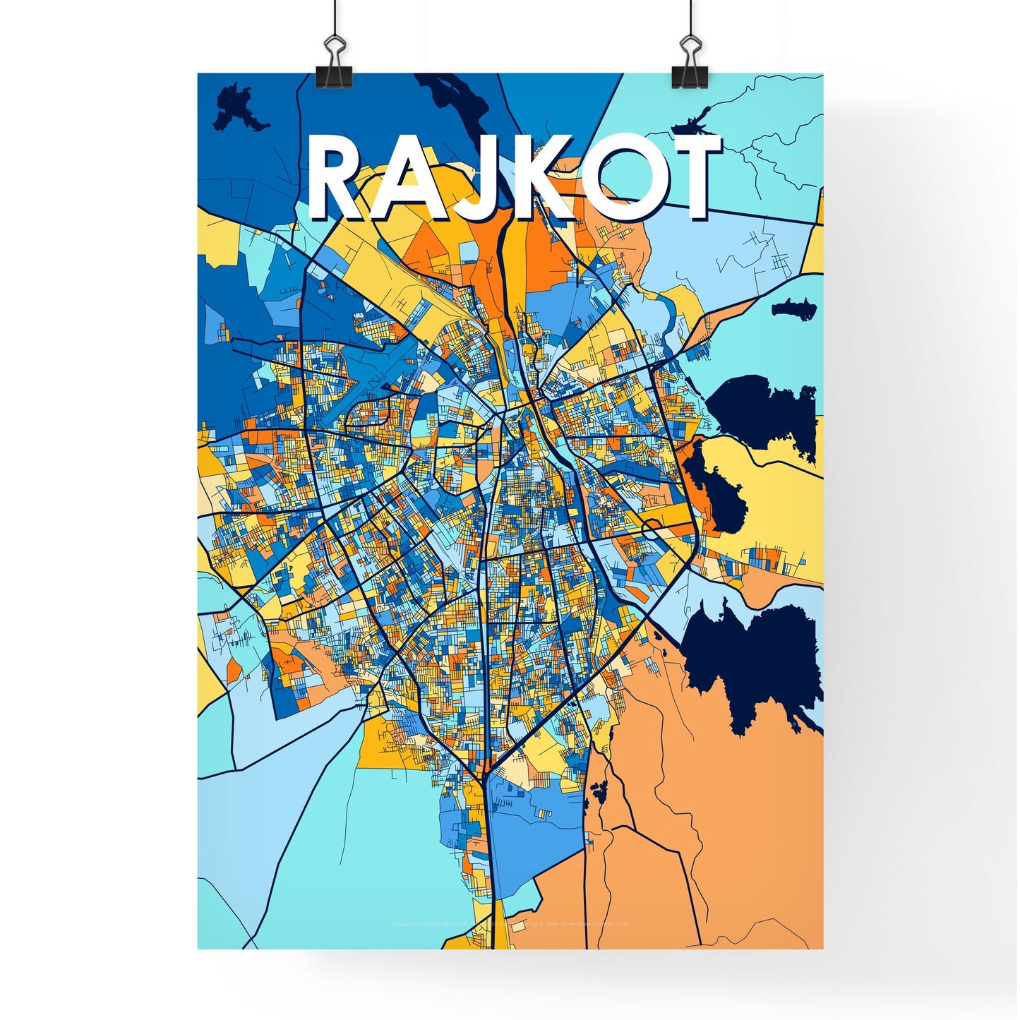 RAJKOT INDIA Vibrant Colorful Art Map Poster Blue Orange