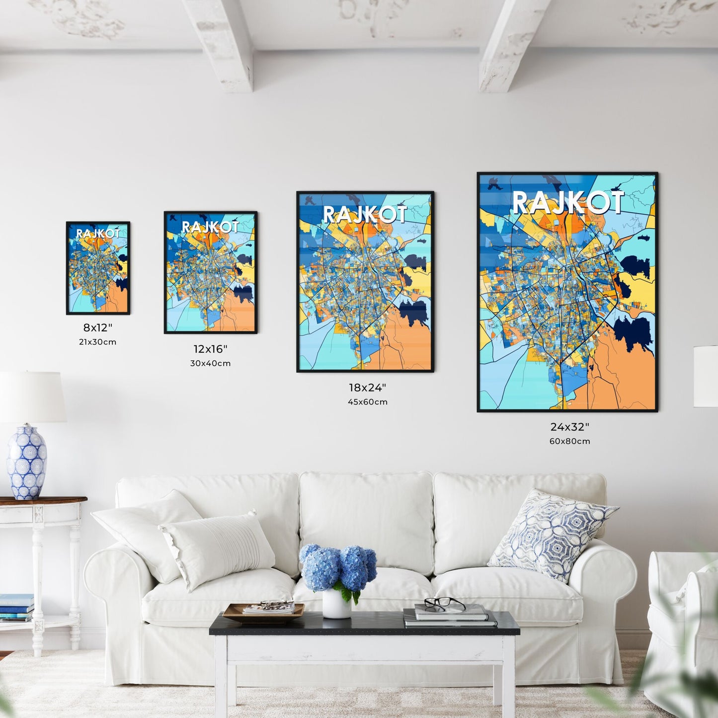 RAJKOT INDIA Vibrant Colorful Art Map Poster Blue Orange