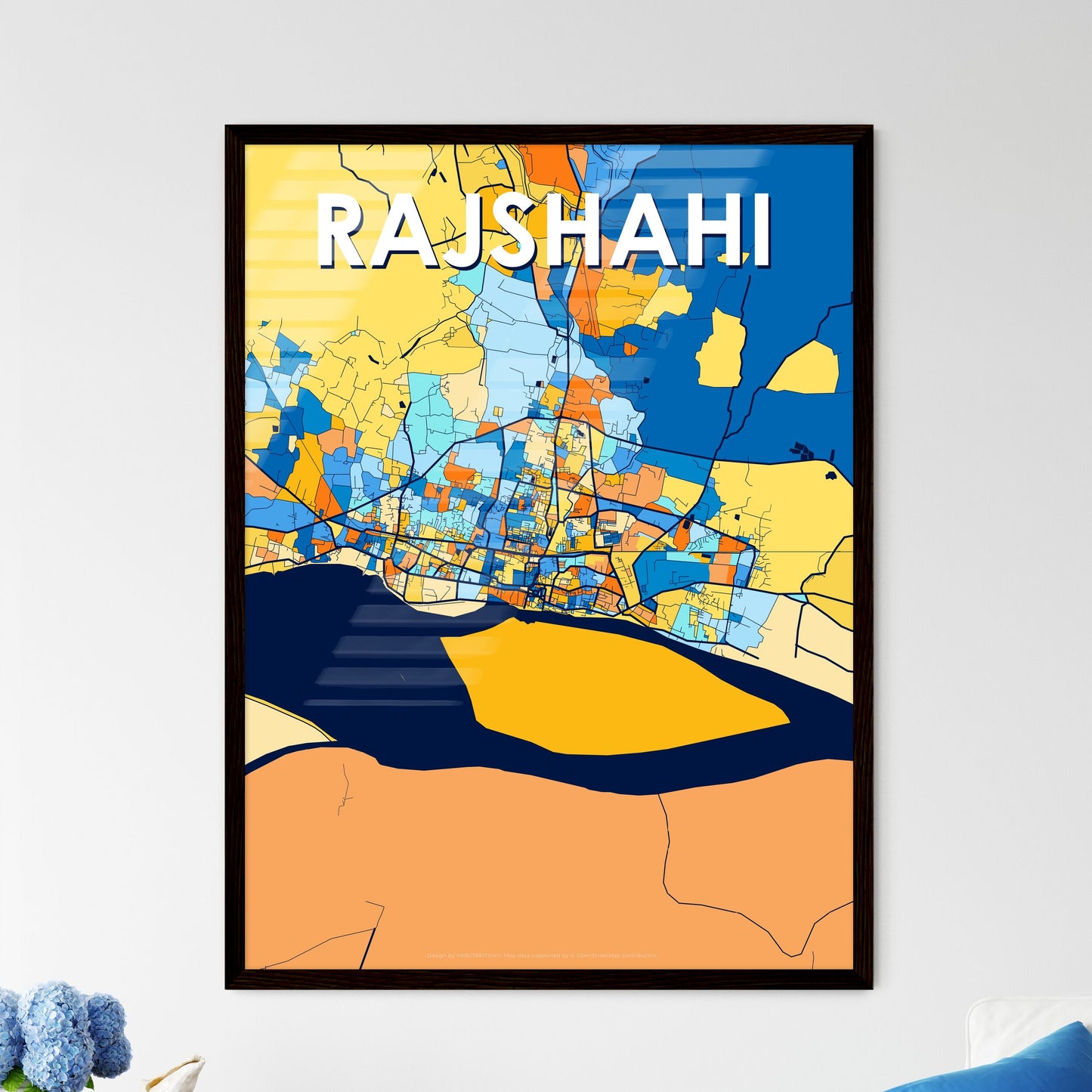 RAJSHAHI BANGLADESH Vibrant Colorful Art Map Poster Blue Orange