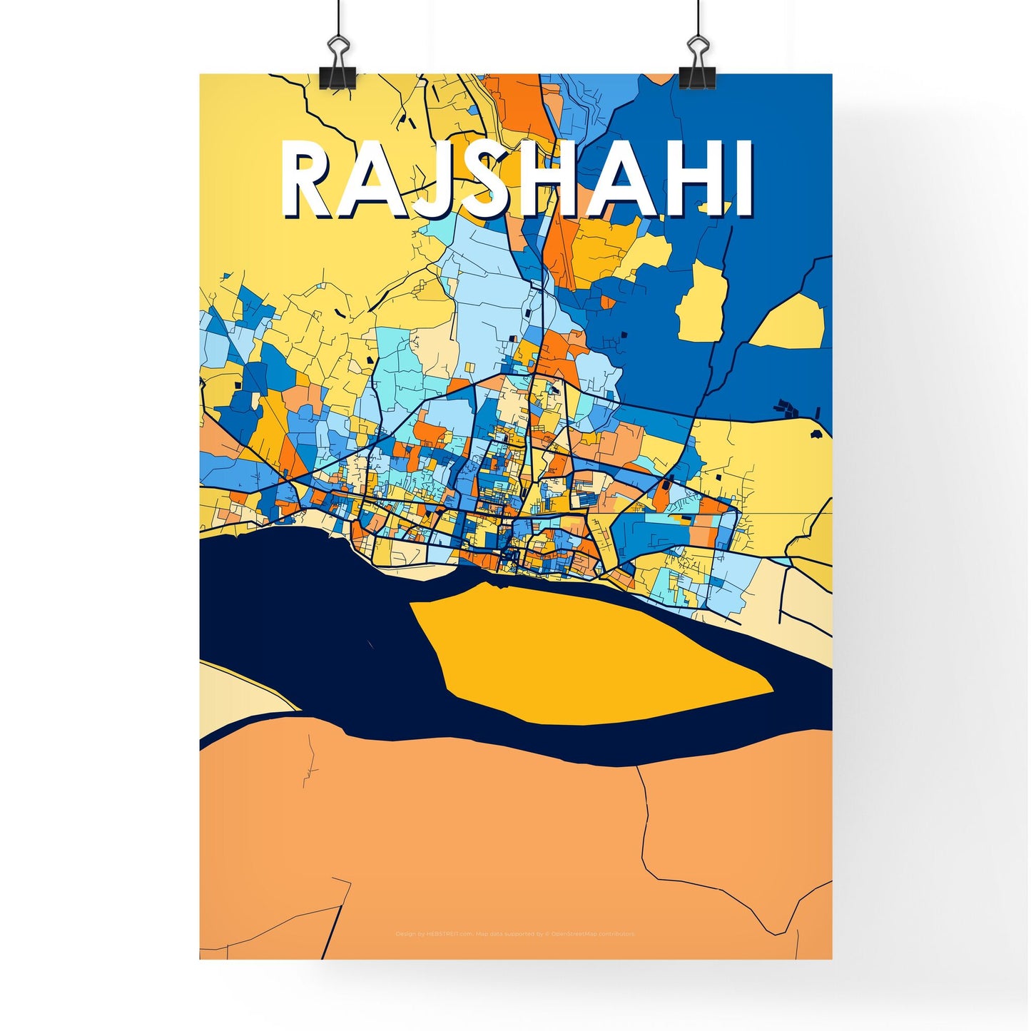 RAJSHAHI BANGLADESH Vibrant Colorful Art Map Poster Blue Orange