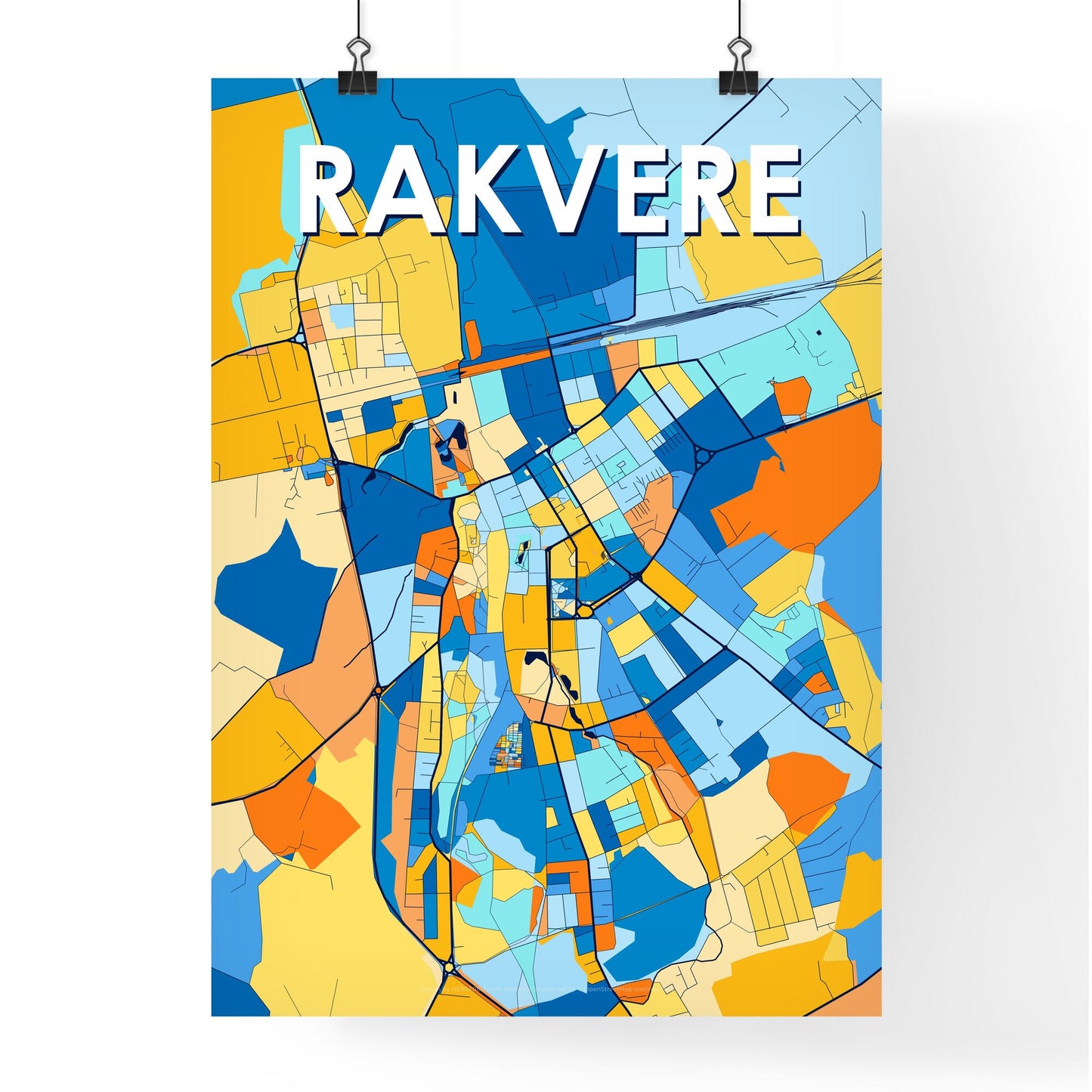 RAKVERE ESTONIA Vibrant Colorful Art Map Poster Blue Orange