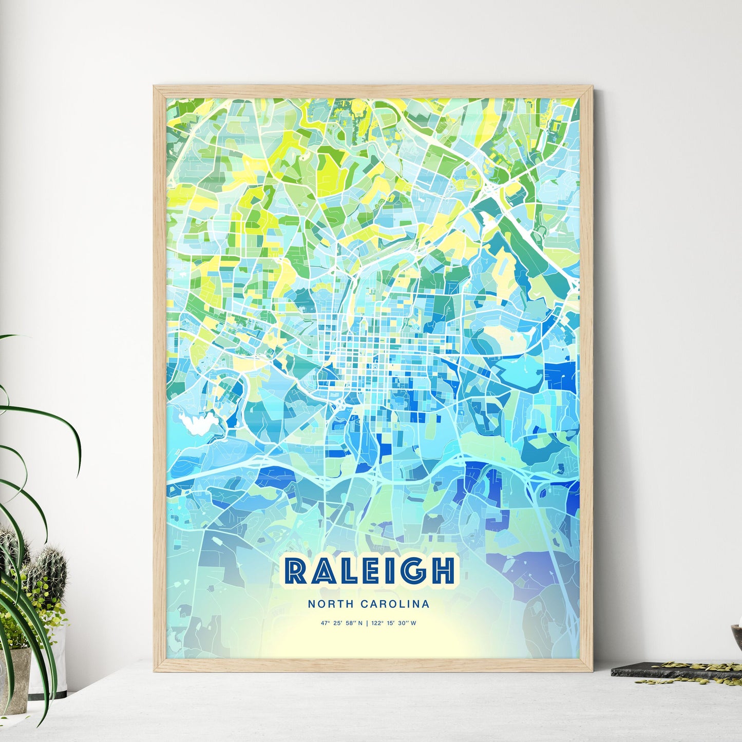 Colorful Raleigh North Carolina Fine Art Map Cool Blue