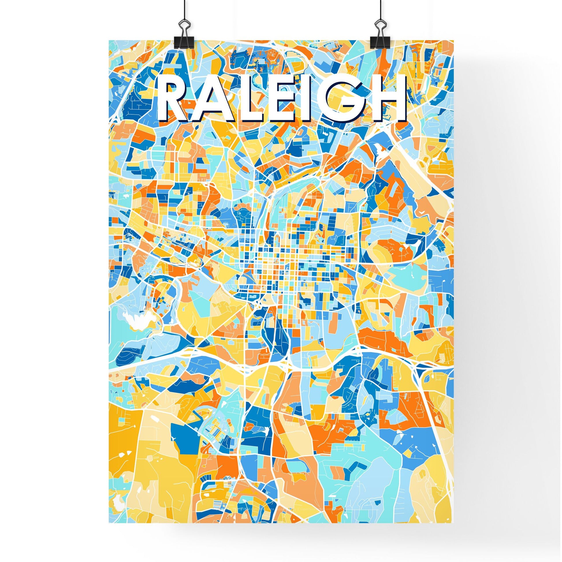 RALEIGH NORTH CAROLINA Vibrant Colorful Art Map Poster Blue Orange