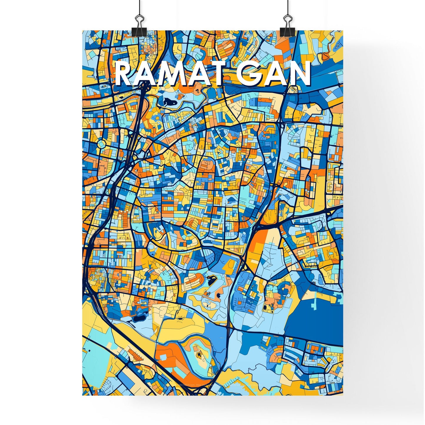 RAMAT GAN ISRAEL Vibrant Colorful Art Map Poster Blue Orange