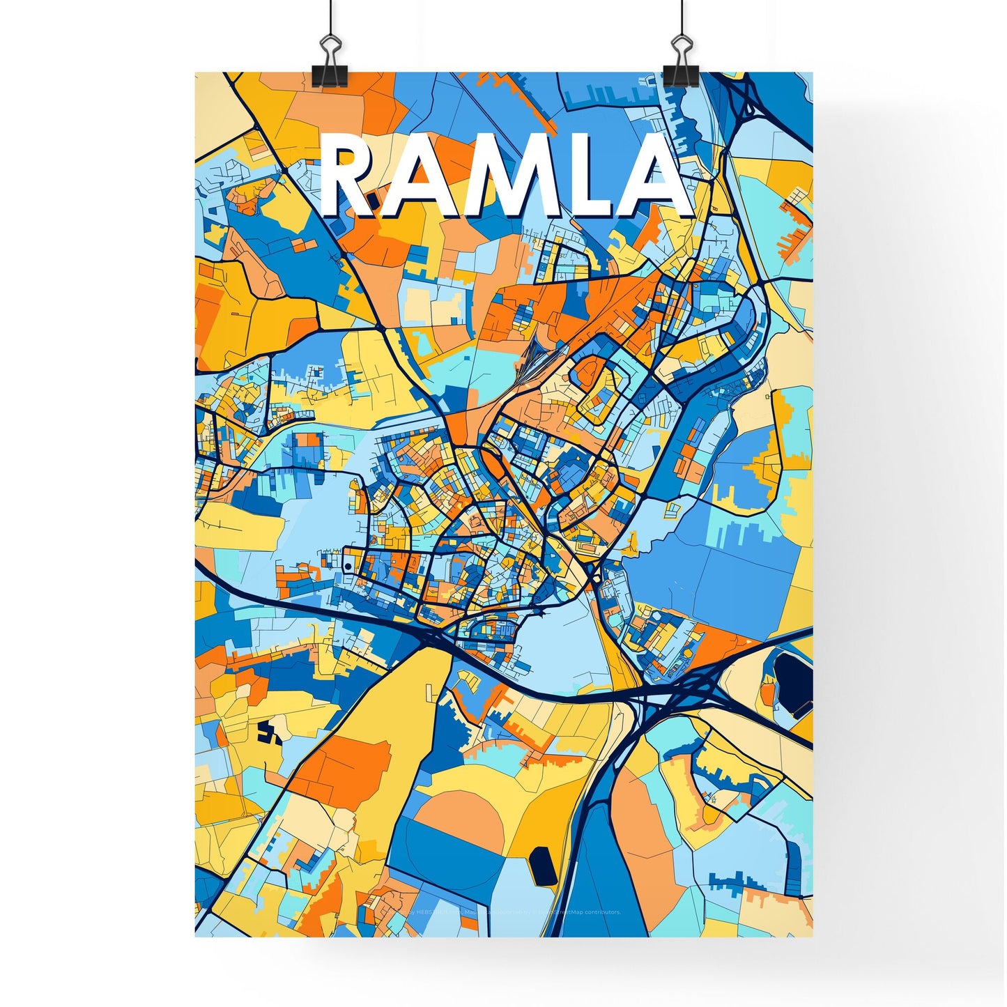 RAMLA ISRAEL Vibrant Colorful Art Map Poster Blue Orange