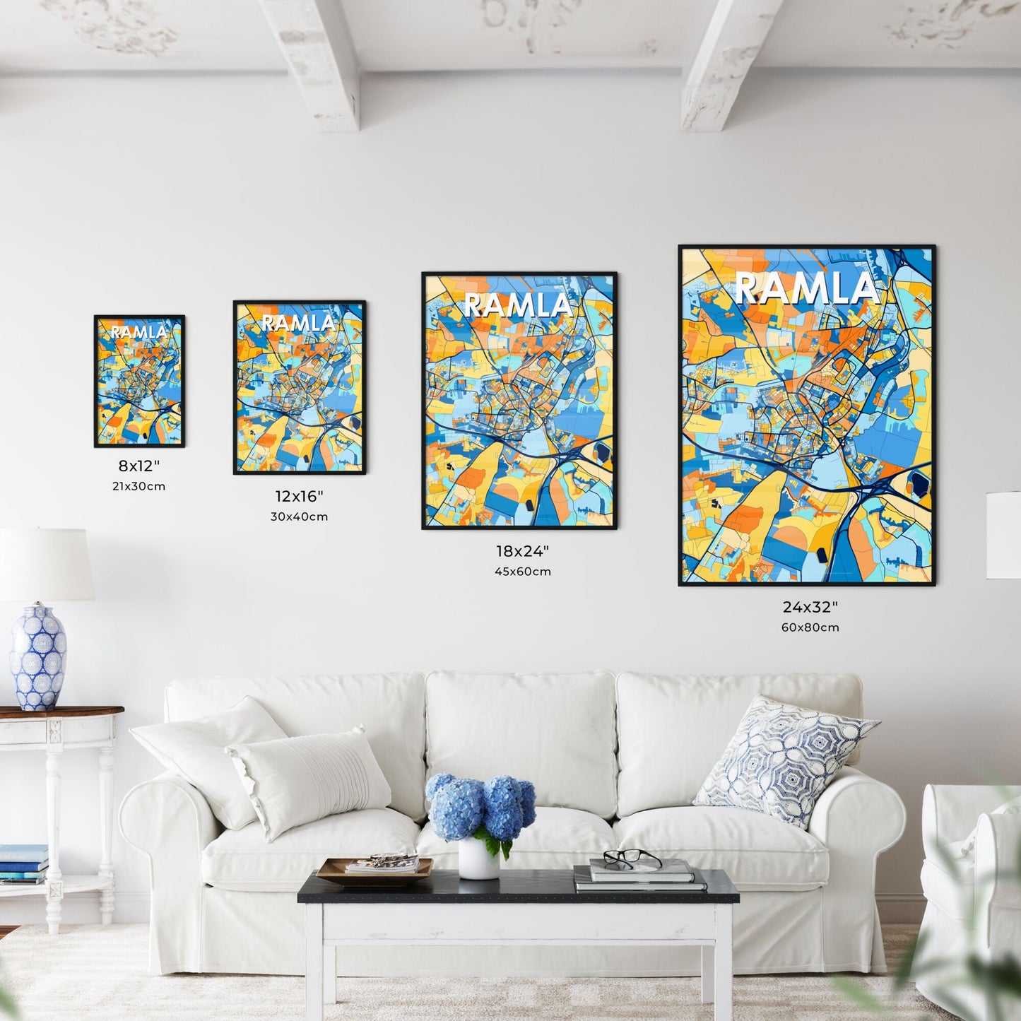 RAMLA ISRAEL Vibrant Colorful Art Map Poster Blue Orange