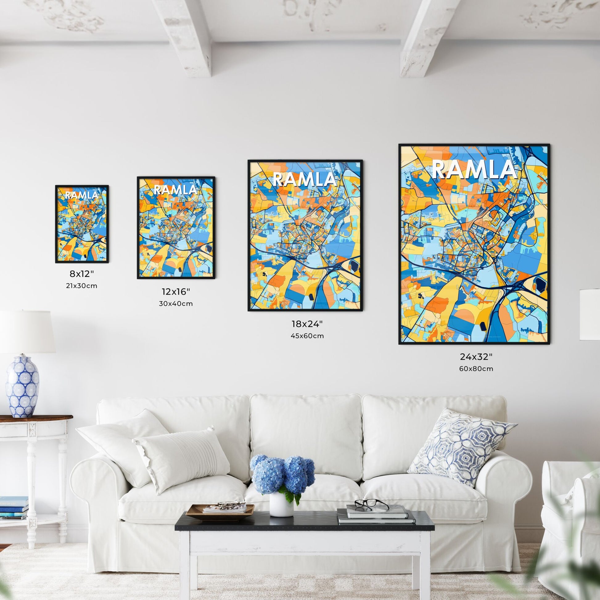 RAMLA ISRAEL Vibrant Colorful Art Map Poster Blue Orange