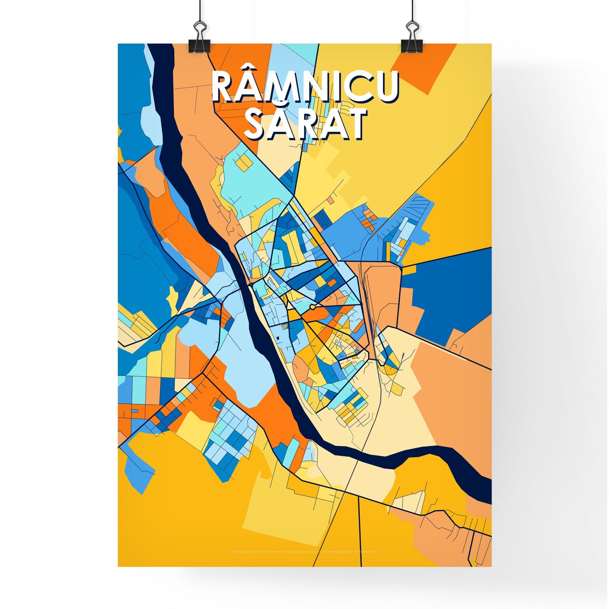 RÂMNICU SĂRAT ROMANIA Vibrant Colorful Art Map Poster Blue Orange