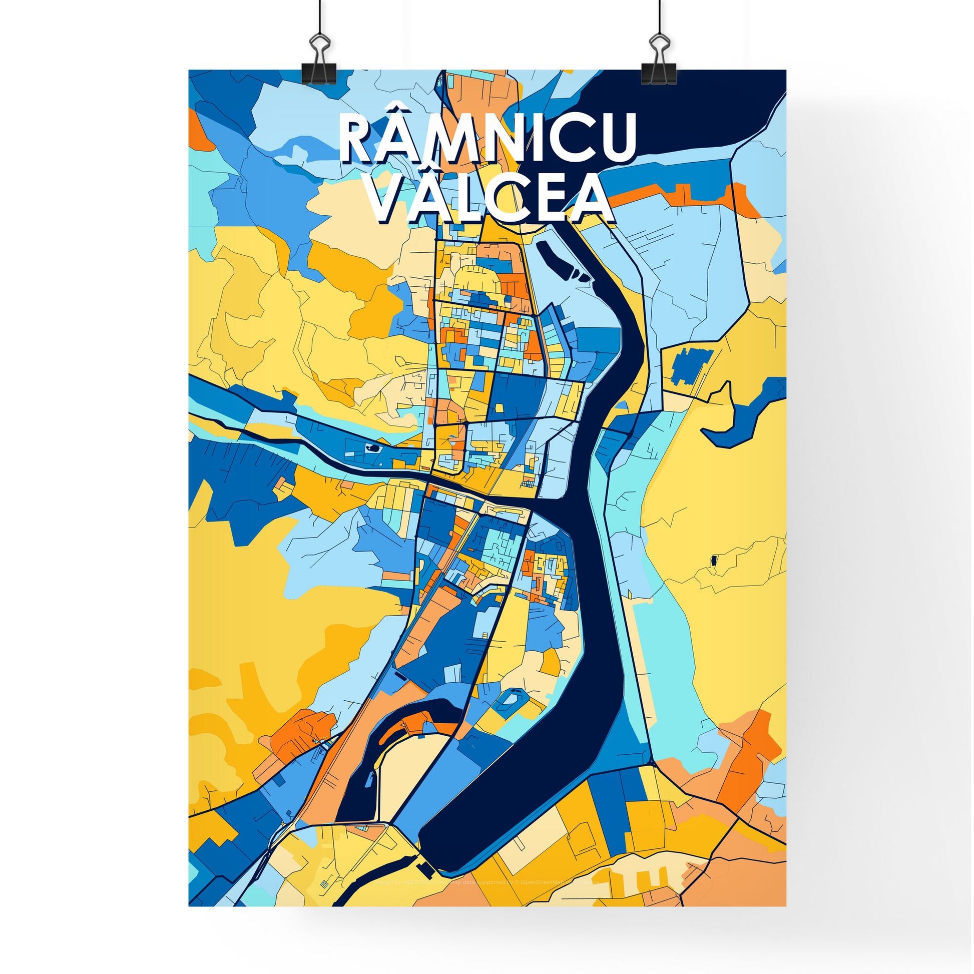 RÂMNICU VÂLCEA ROMANIA Vibrant Colorful Art Map Poster Blue Orange