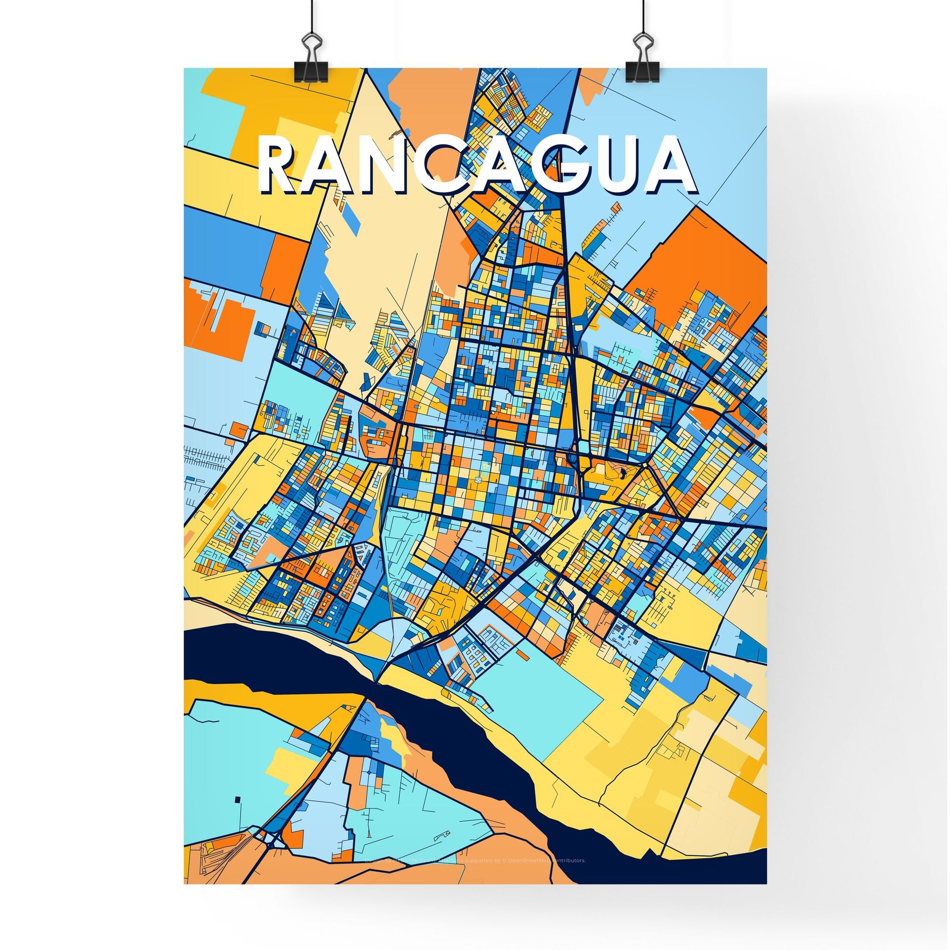 RANCAGUA CHILE Vibrant Colorful Art Map Poster Blue Orange