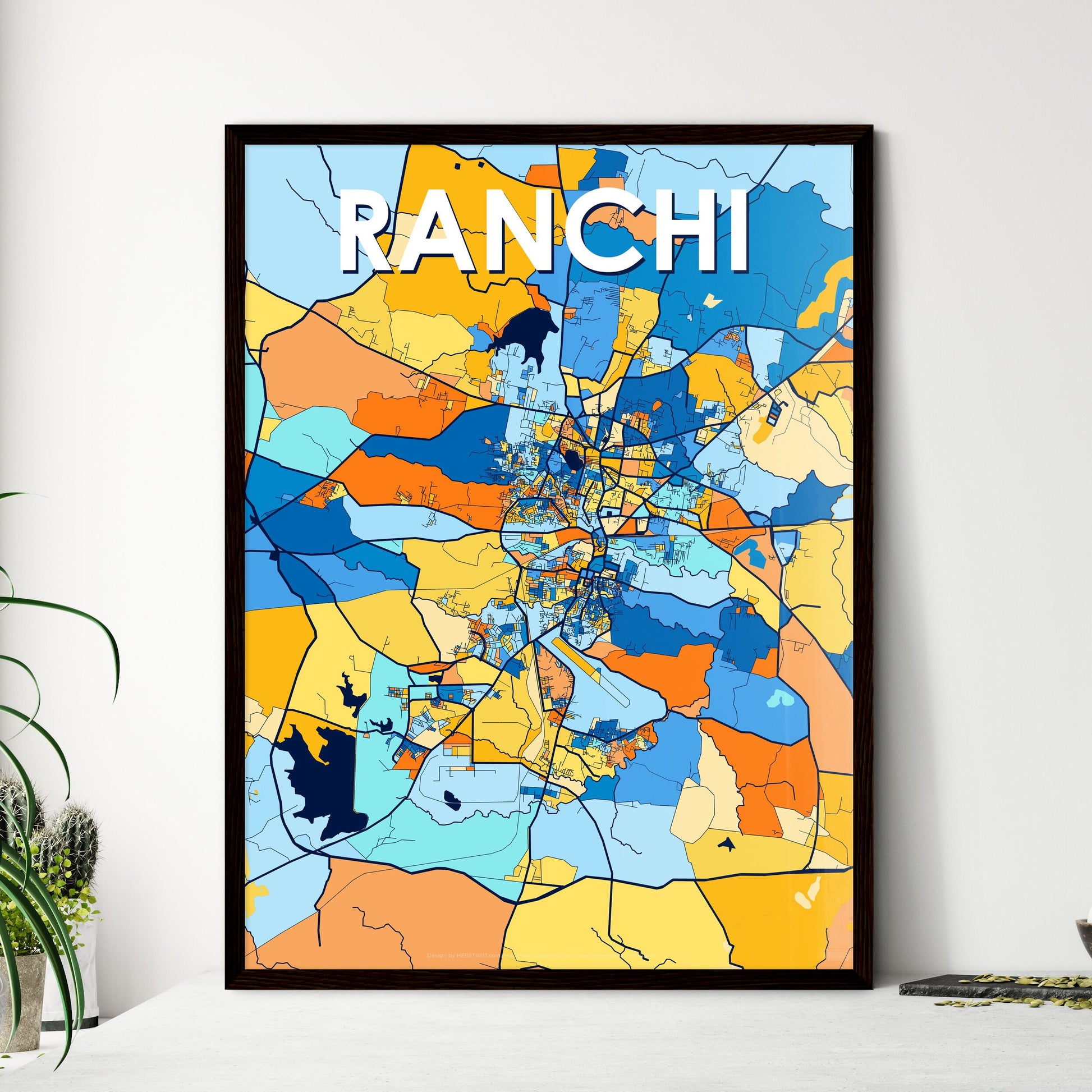 RANCHI INDIA Vibrant Colorful Art Map Poster Blue Orange