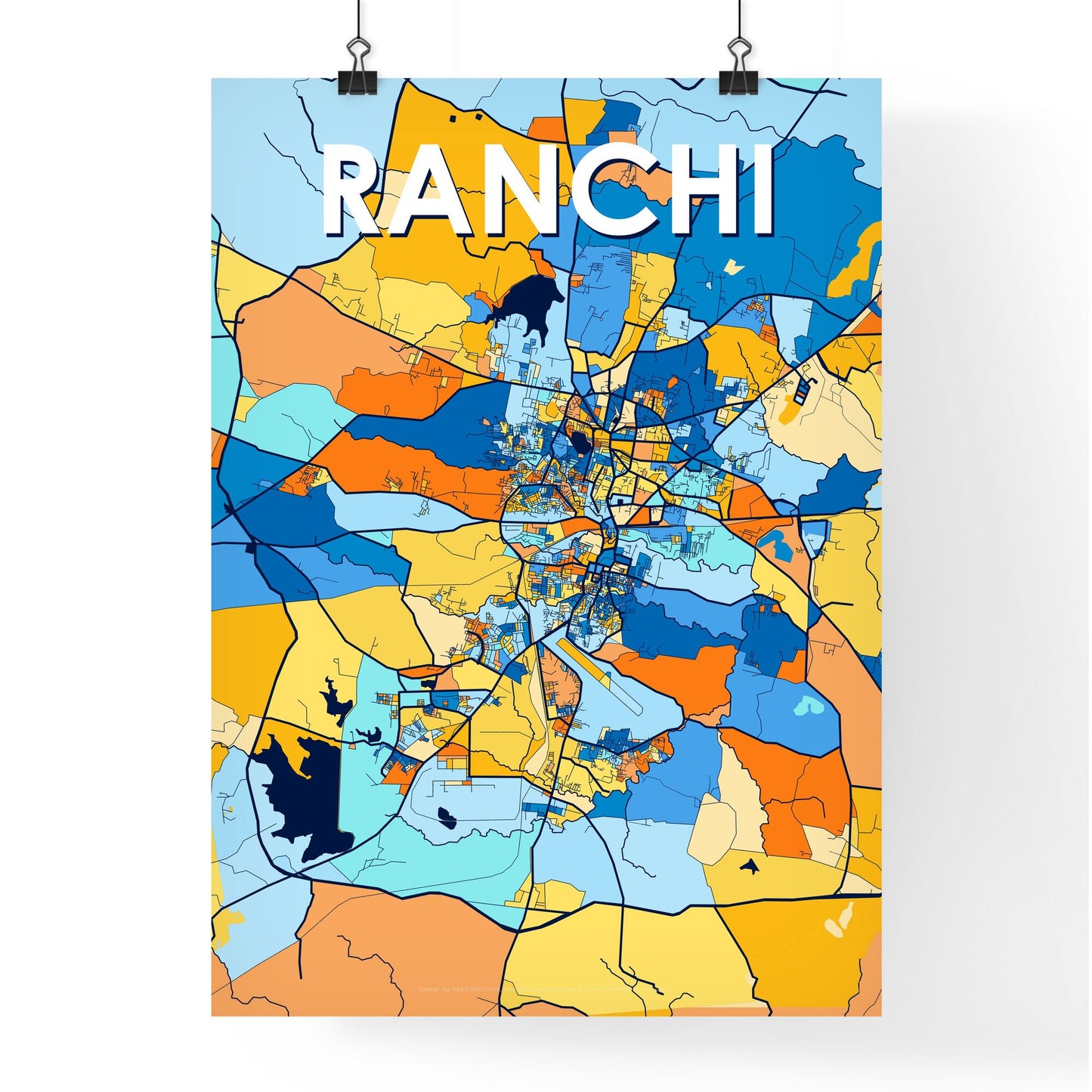 RANCHI INDIA Vibrant Colorful Art Map Poster Blue Orange