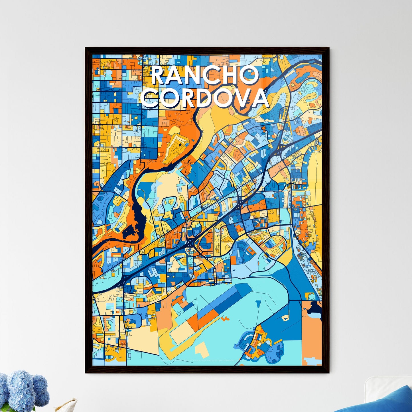RANCHO CORDOVA CALIFORNIA Vibrant Colorful Art Map Poster Blue Orange