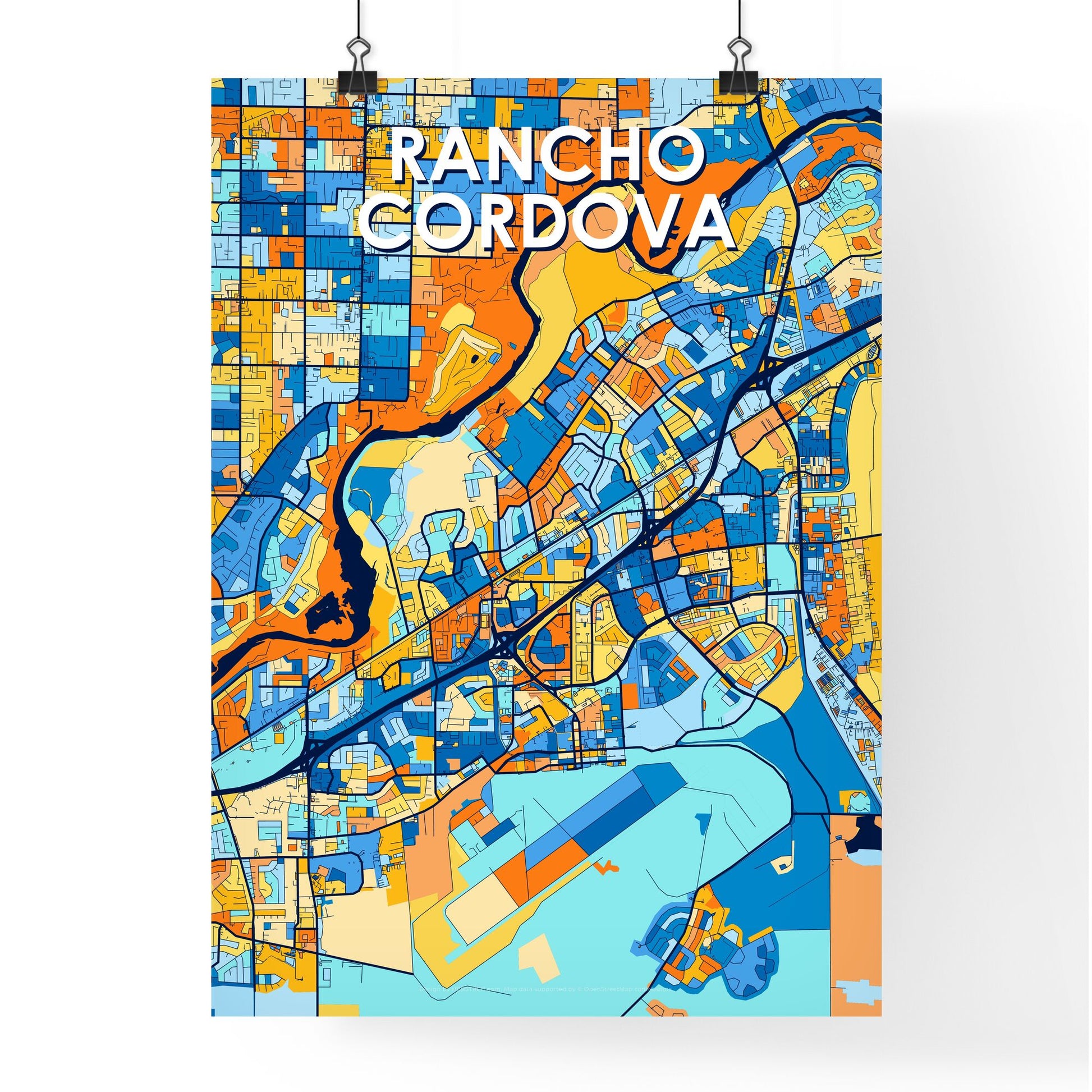 RANCHO CORDOVA CALIFORNIA Vibrant Colorful Art Map Poster Blue Orange