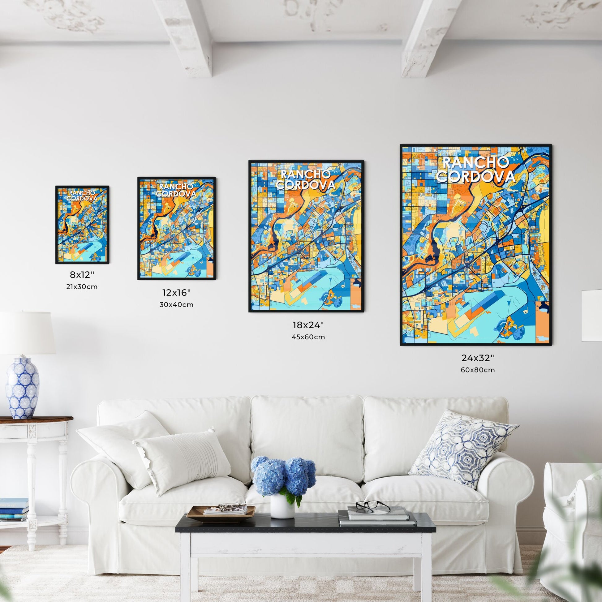 RANCHO CORDOVA CALIFORNIA Vibrant Colorful Art Map Poster Blue Orange