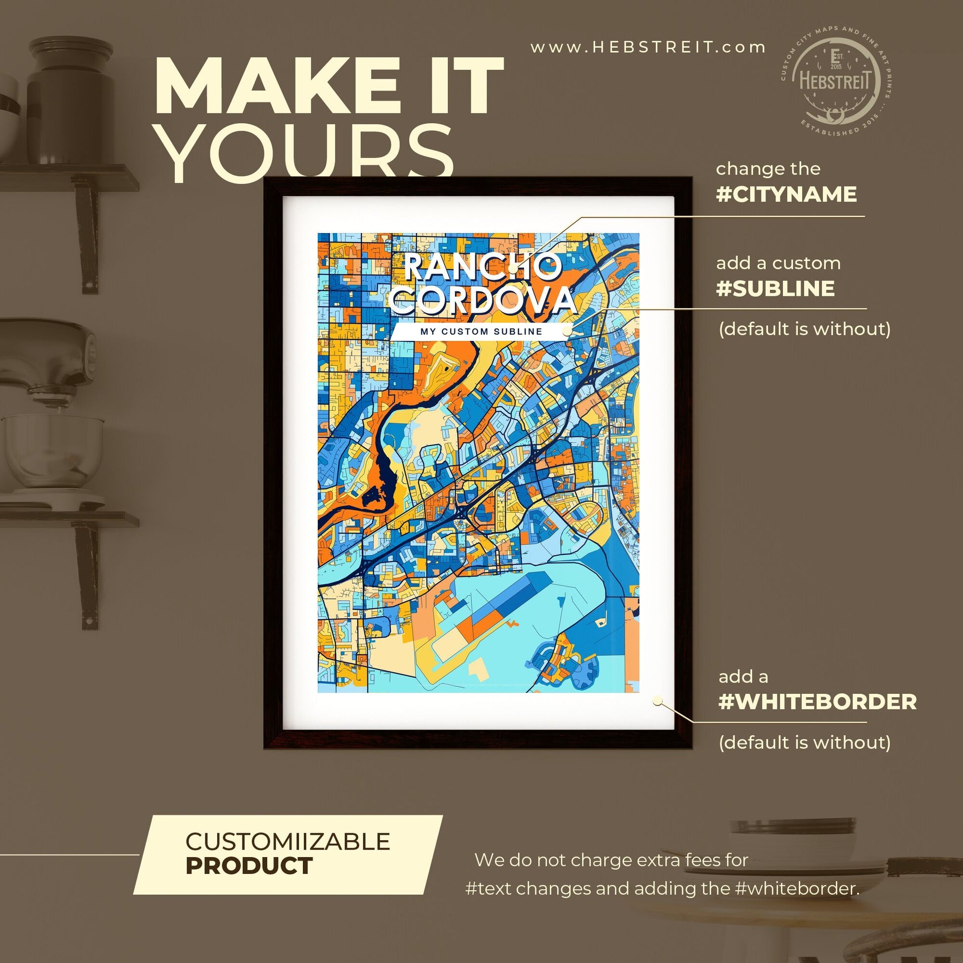 RANCHO CORDOVA CALIFORNIA Vibrant Colorful Art Map Poster Blue Orange