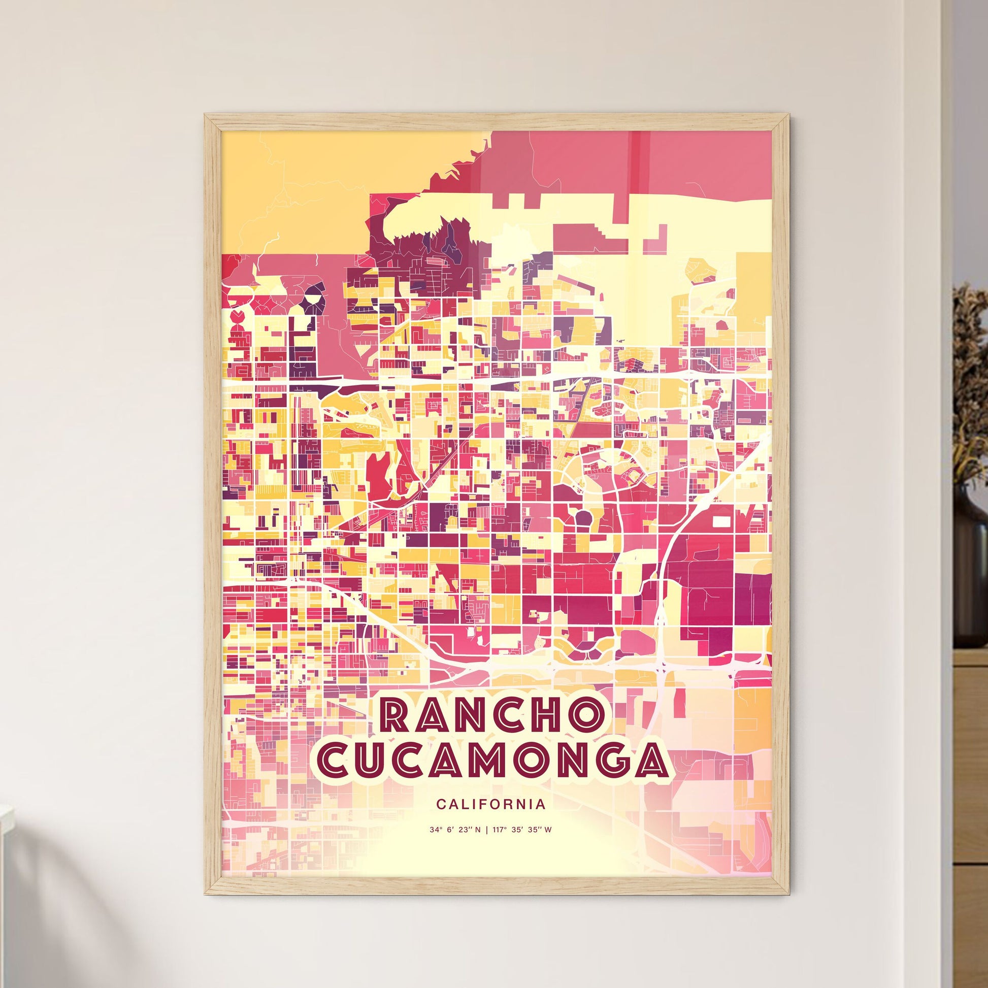 Colorful Rancho Cucamonga California Fine Art Map Hot Red