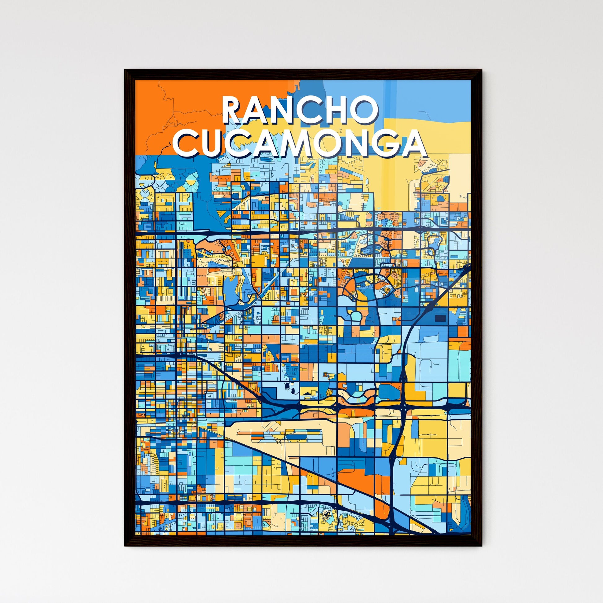 RANCHO CUCAMONGA CALIFORNIA Vibrant Colorful Art Map Poster Blue Orange