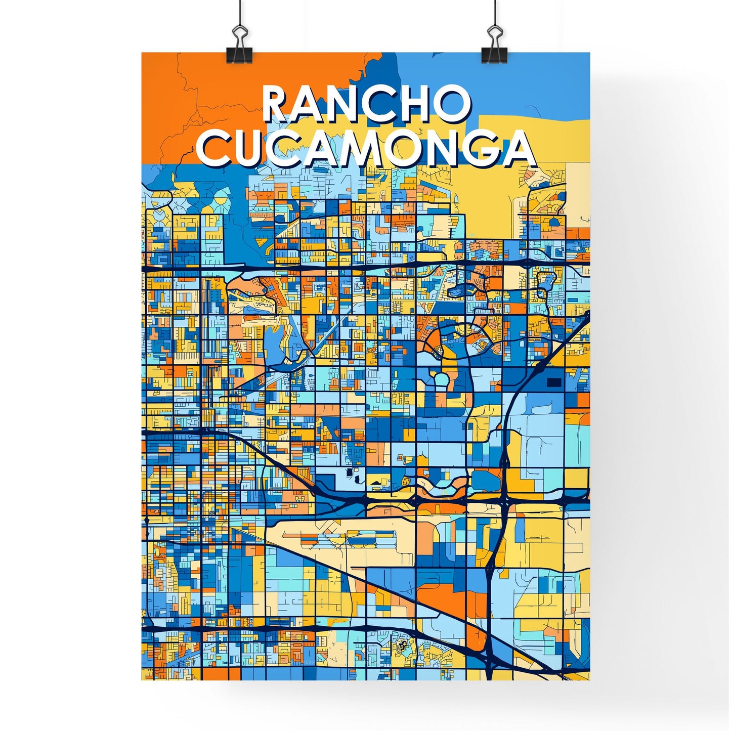 RANCHO CUCAMONGA CALIFORNIA Vibrant Colorful Art Map Poster Blue Orange