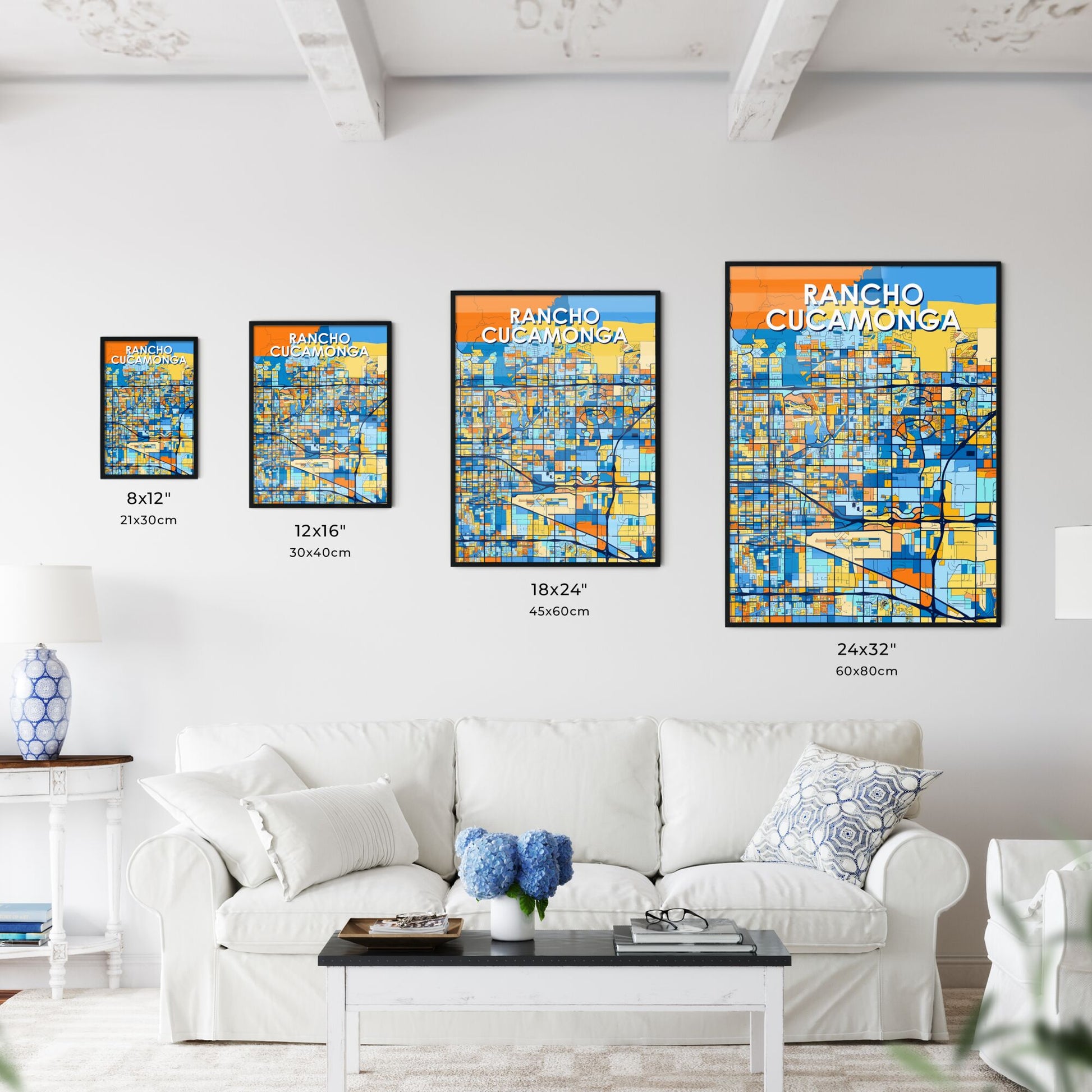 RANCHO CUCAMONGA CALIFORNIA Vibrant Colorful Art Map Poster Blue Orange