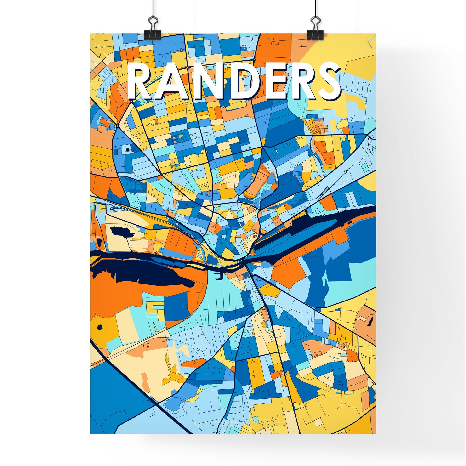 RANDERS DENMARK Vibrant Colorful Art Map Poster Blue Orange