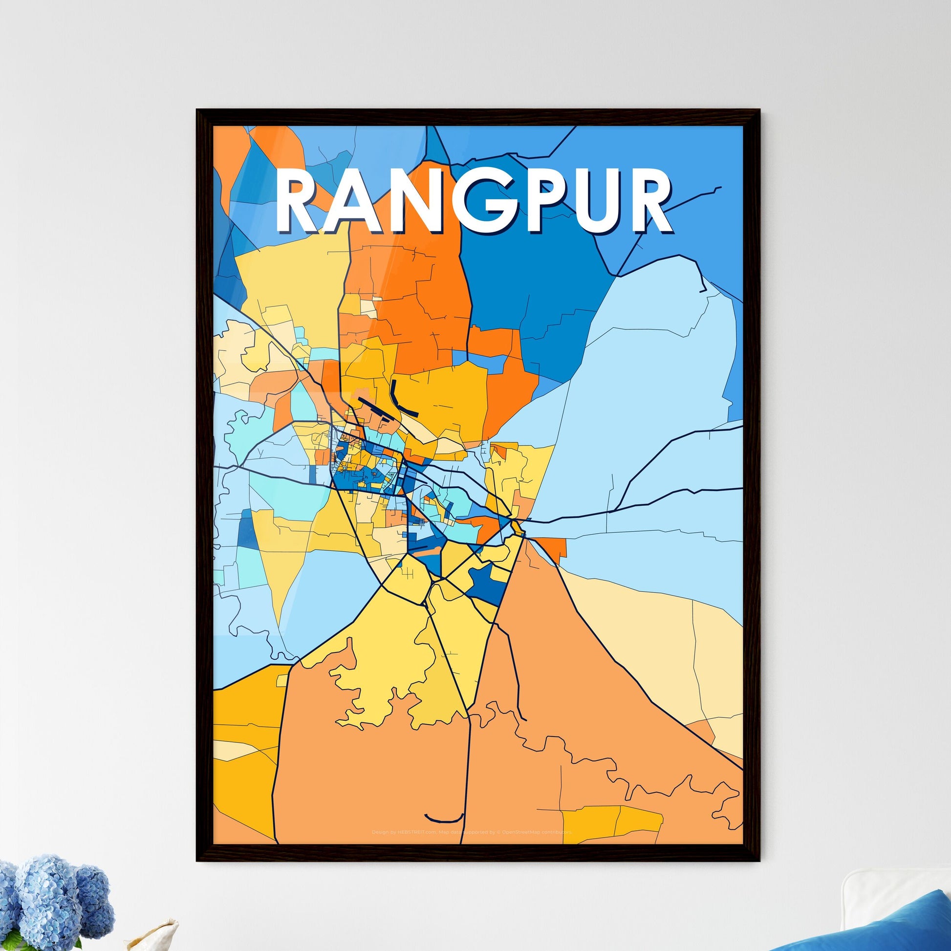 RANGPUR BANGLADESH Vibrant Colorful Art Map Poster Blue Orange