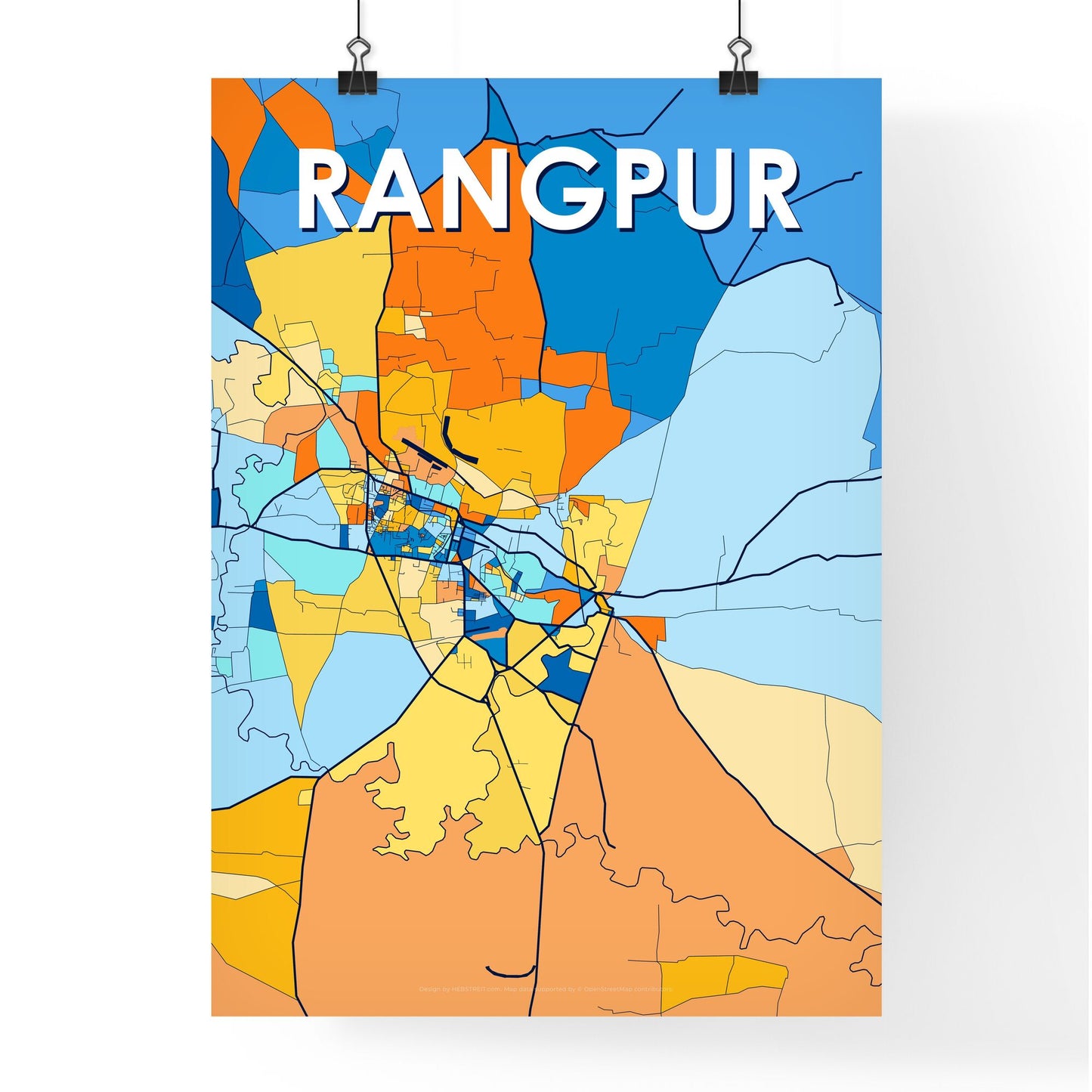 RANGPUR BANGLADESH Vibrant Colorful Art Map Poster Blue Orange