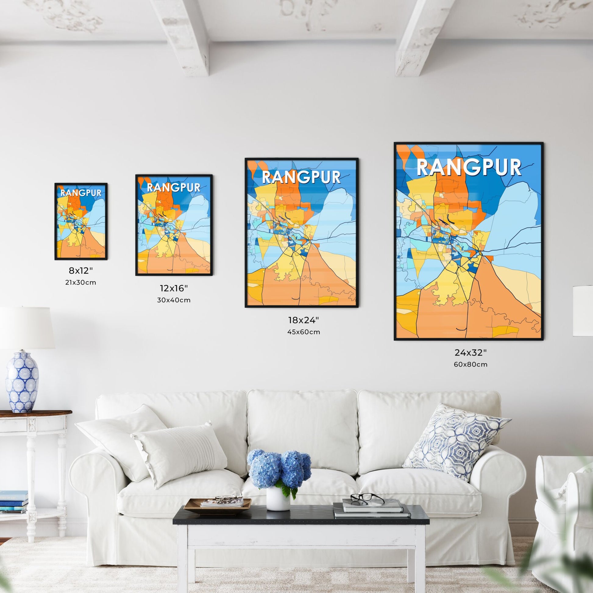 RANGPUR BANGLADESH Vibrant Colorful Art Map Poster Blue Orange