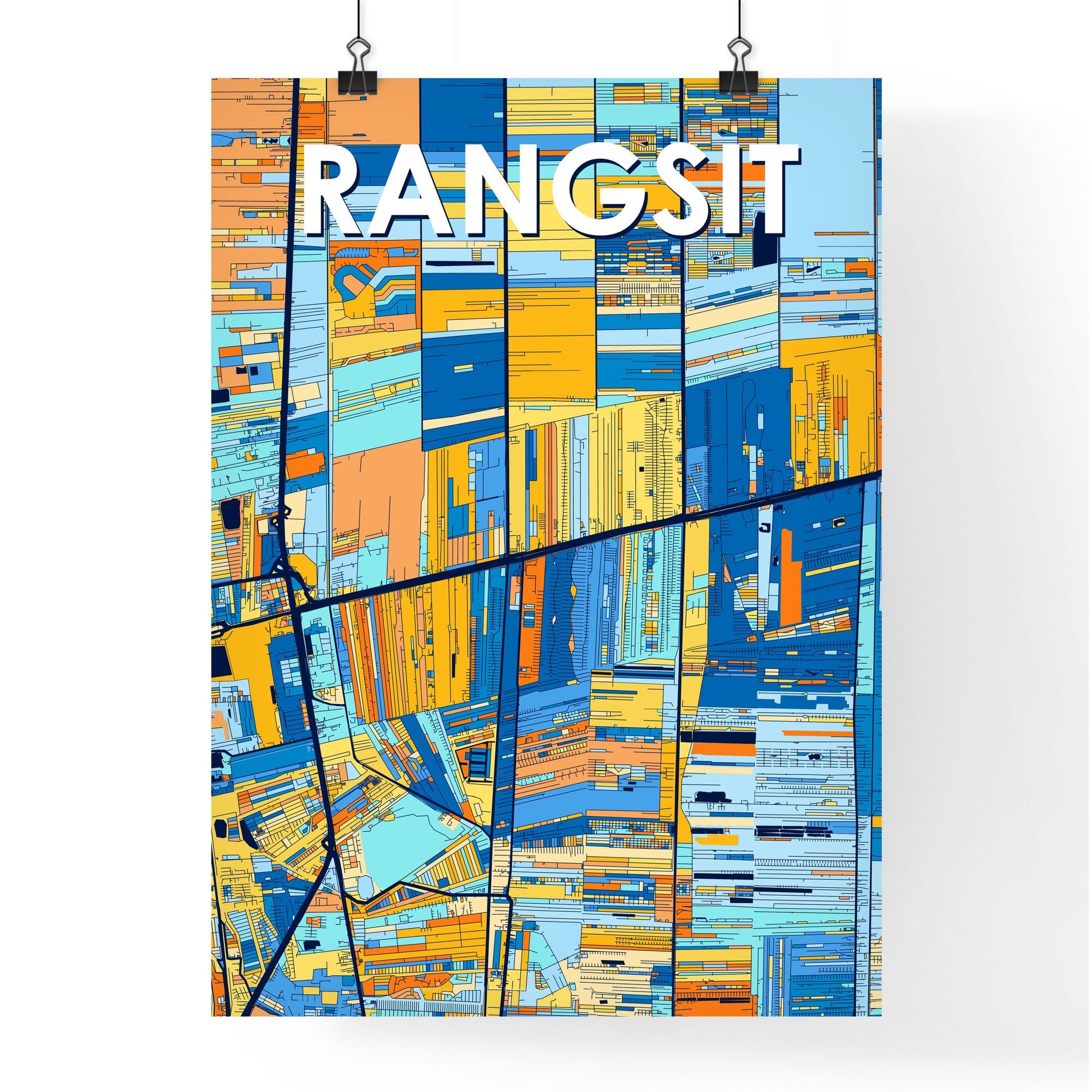 RANGSIT THAILAND Vibrant Colorful Art Map Poster Blue Orange