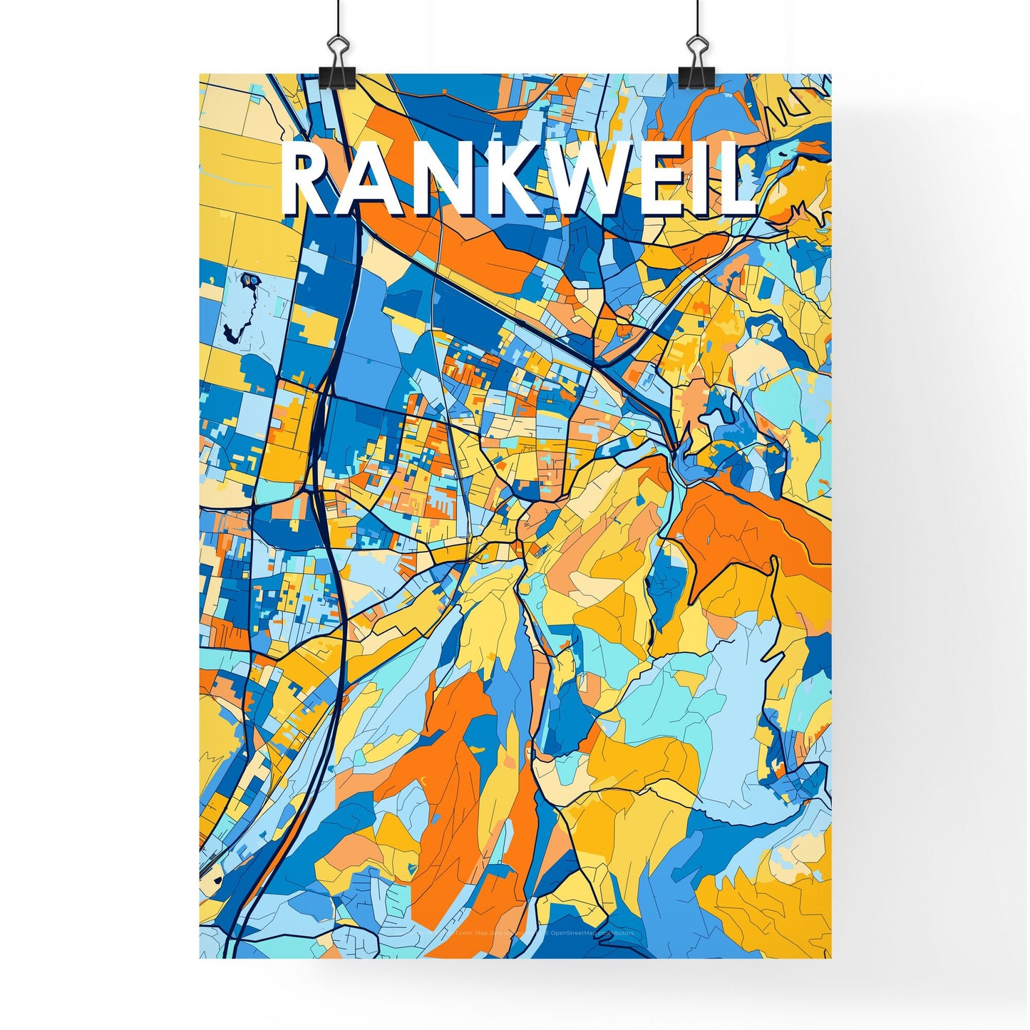 RANKWEIL AUSTRIA Vibrant Colorful Art Map Poster Blue Orange