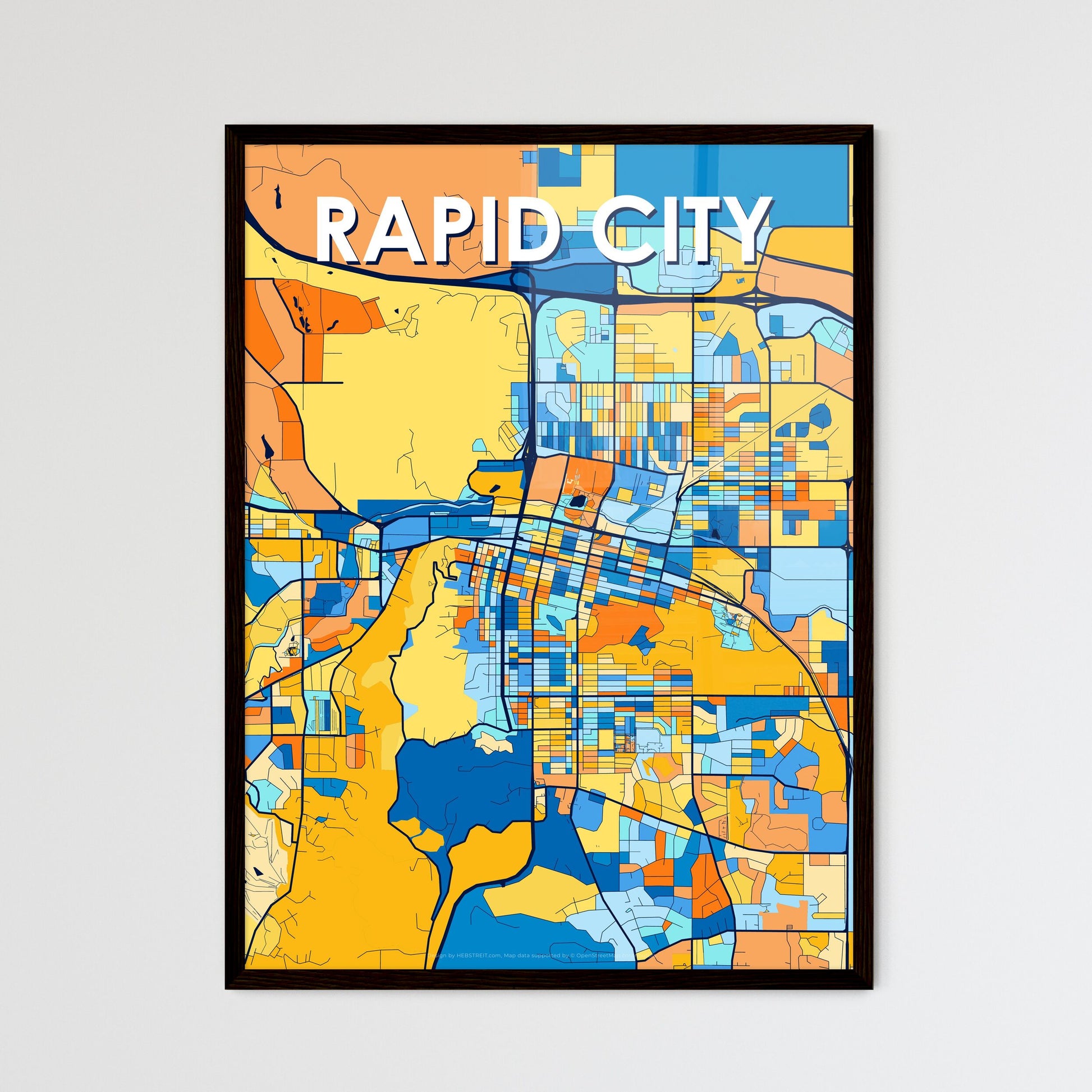 RAPID CITY SOUTH DAKOTA Vibrant Colorful Art Map Poster Blue Orange