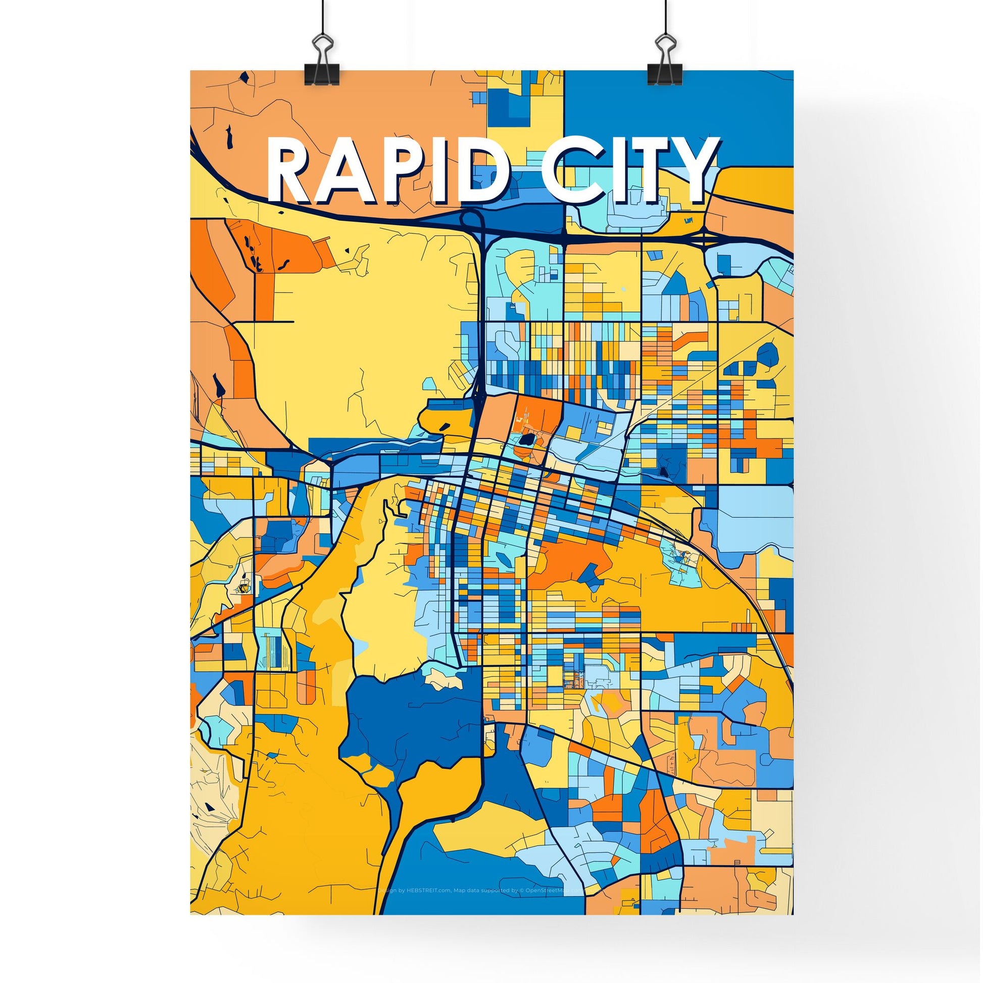 RAPID CITY SOUTH DAKOTA Vibrant Colorful Art Map Poster Blue Orange