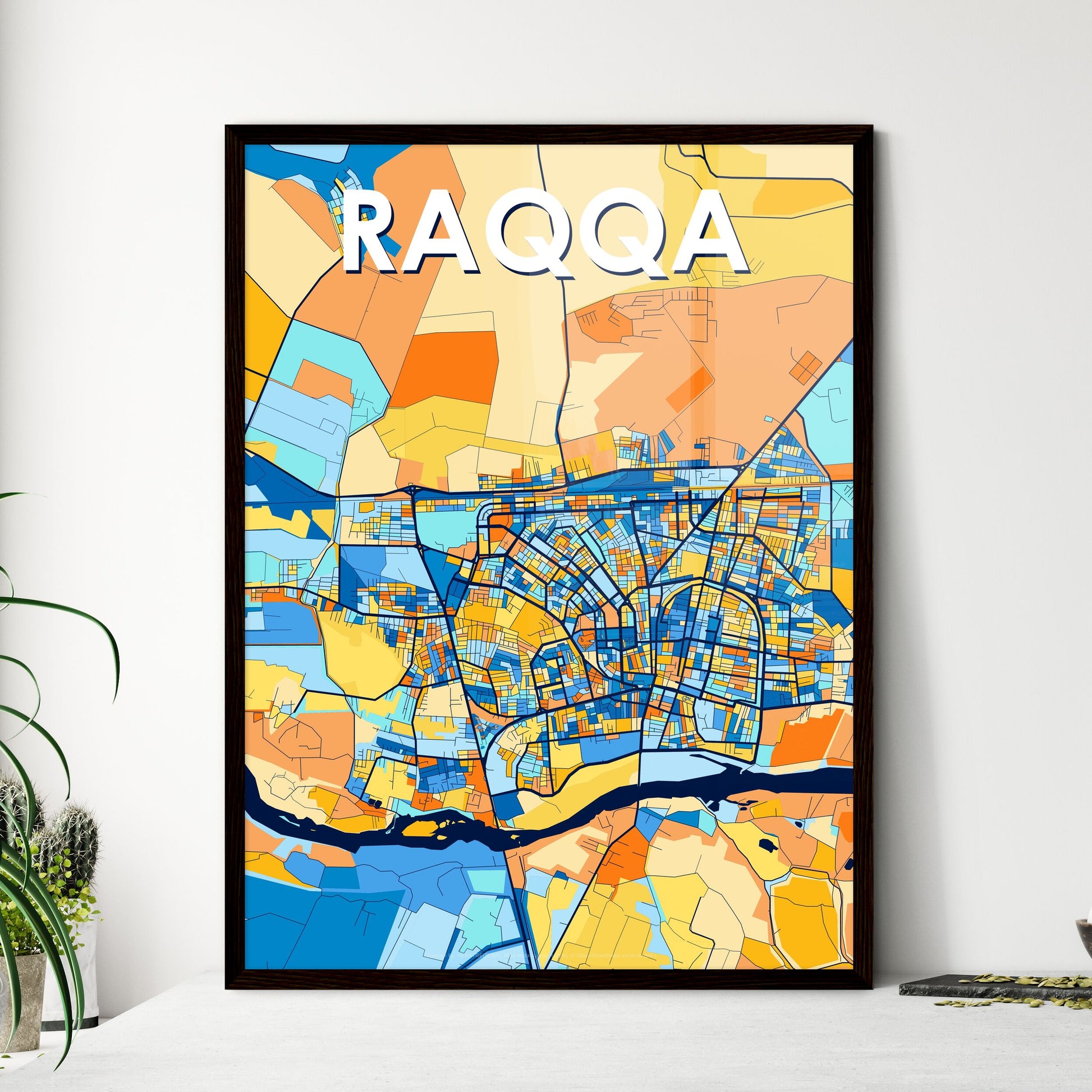 RAQQA SYRIA Vibrant Colorful Art Map Poster Blue Orange