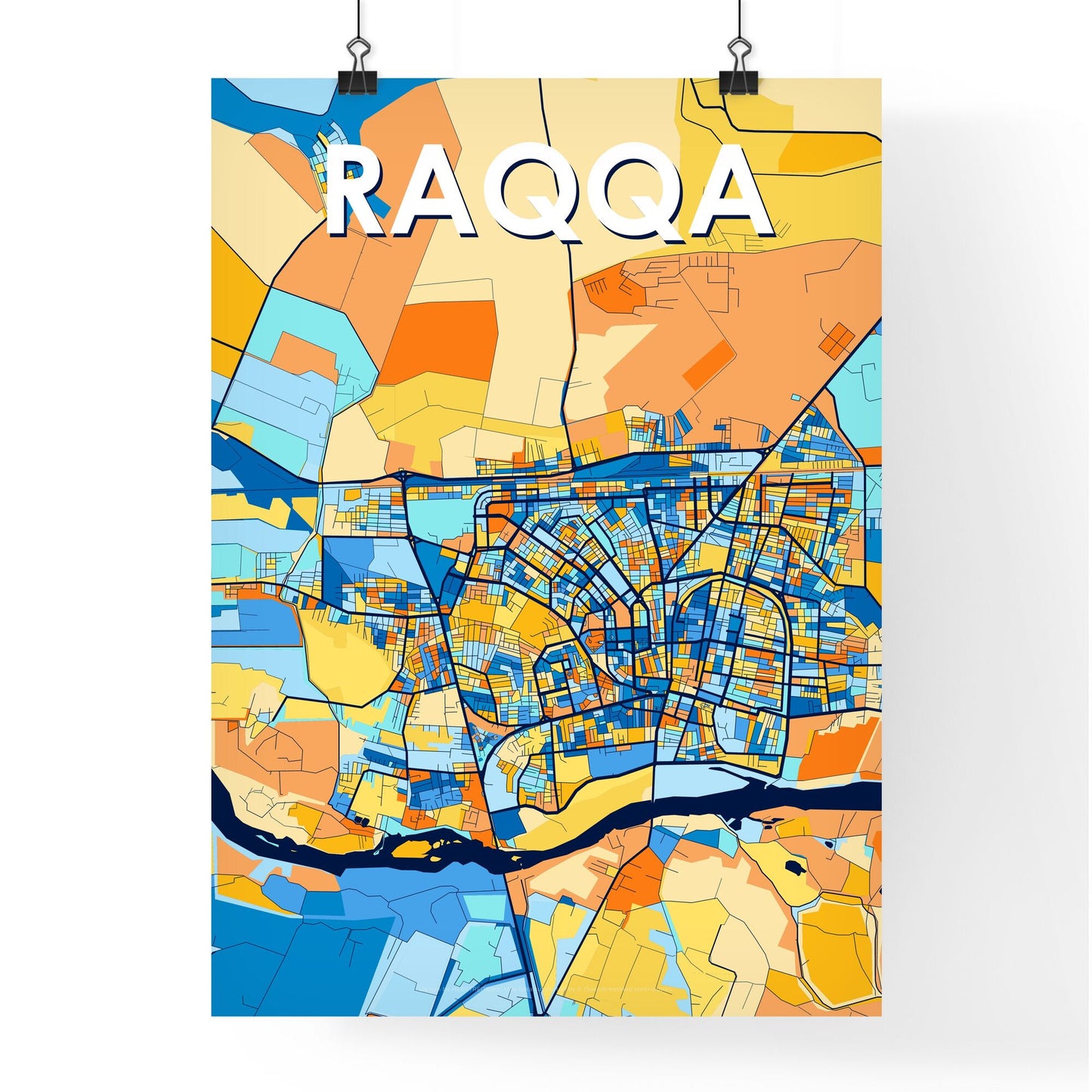 RAQQA SYRIA Vibrant Colorful Art Map Poster Blue Orange